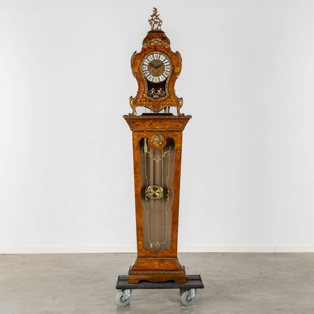 A cartel clock on a pedestal, Westminster movement, marquetry inlay and mounted with bronze. (L:29 x - Image 3 of 15