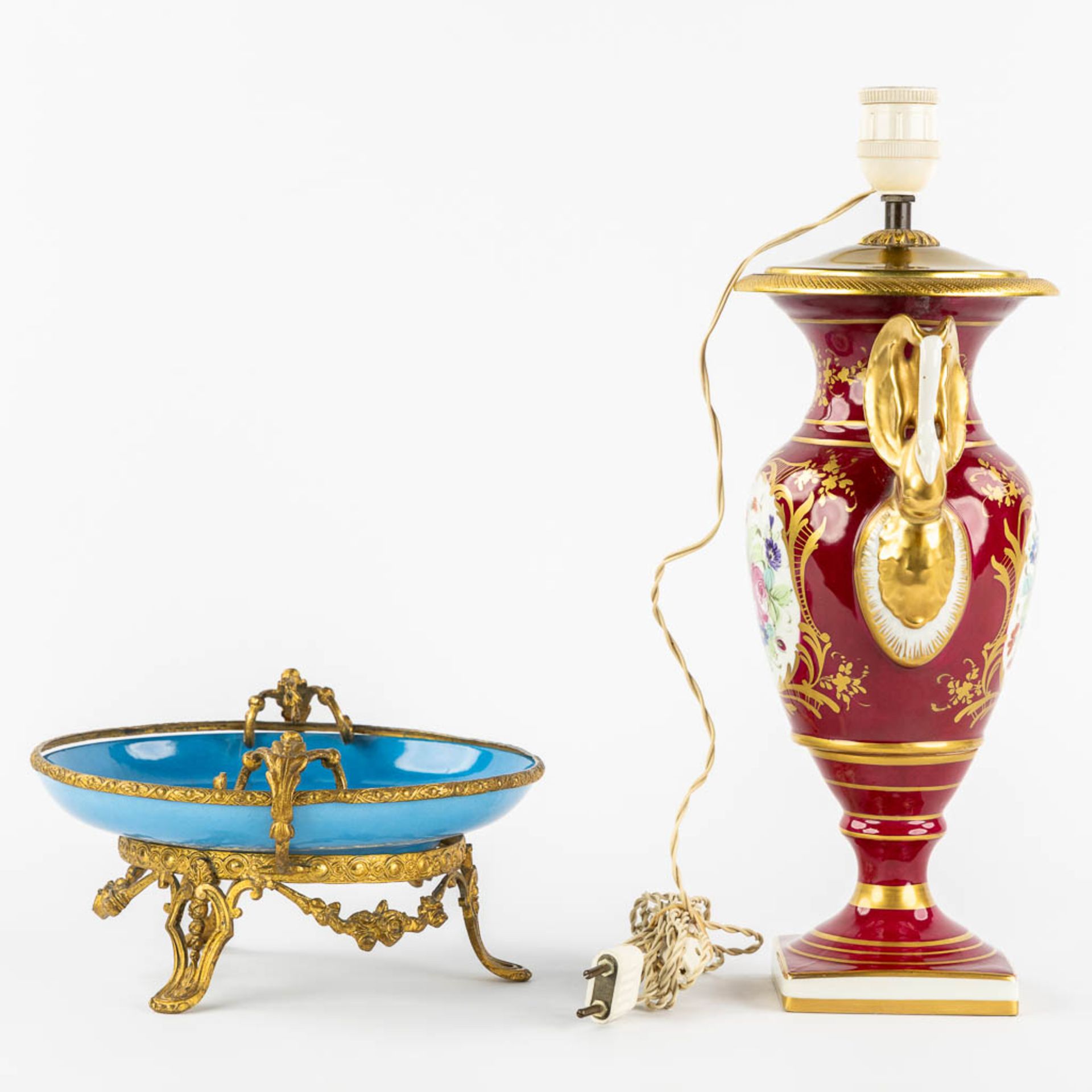 Limoges and Sèvres marks, a lamp base and a tazza with a hand-painted flower decor. (H:40 cm) - Image 6 of 14