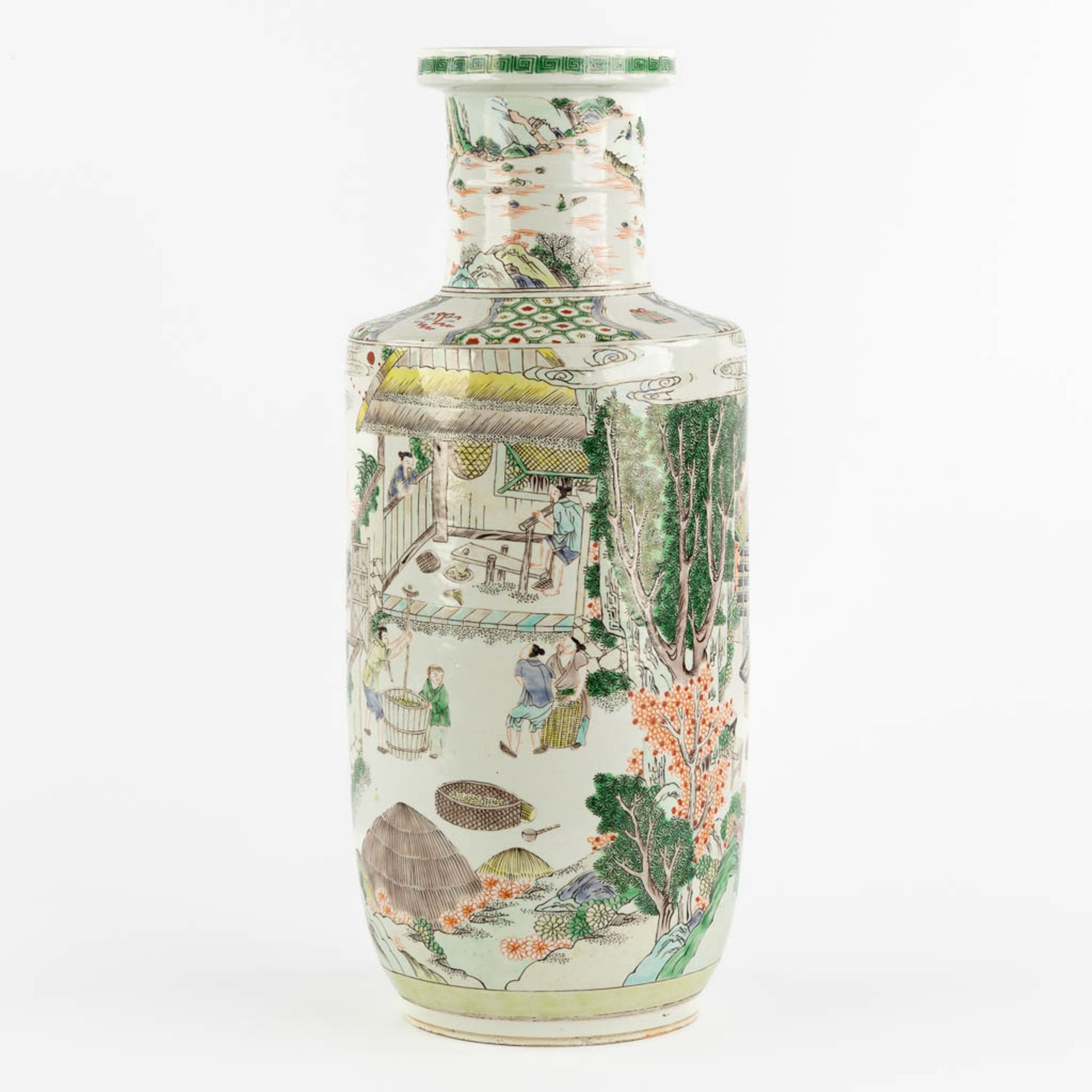 A Chinese Famille Verte 'Roulleau' vase with scènes of rice production. (H:46 x D:18 cm) - Image 7 of 13