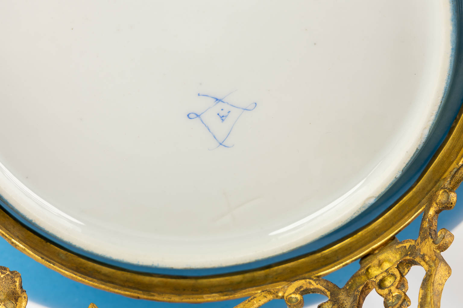 Limoges and Sèvres marks, a lamp base and a tazza with a hand-painted flower decor. (H:40 cm) - Image 8 of 14