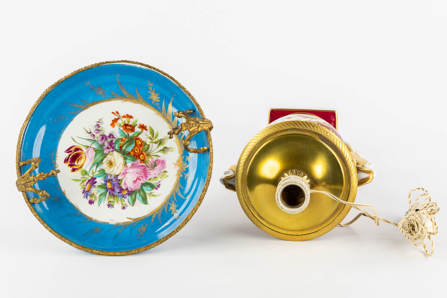 Limoges and Sèvres marks, a lamp base and a tazza with a hand-painted flower decor. (H:40 cm) - Image 10 of 14