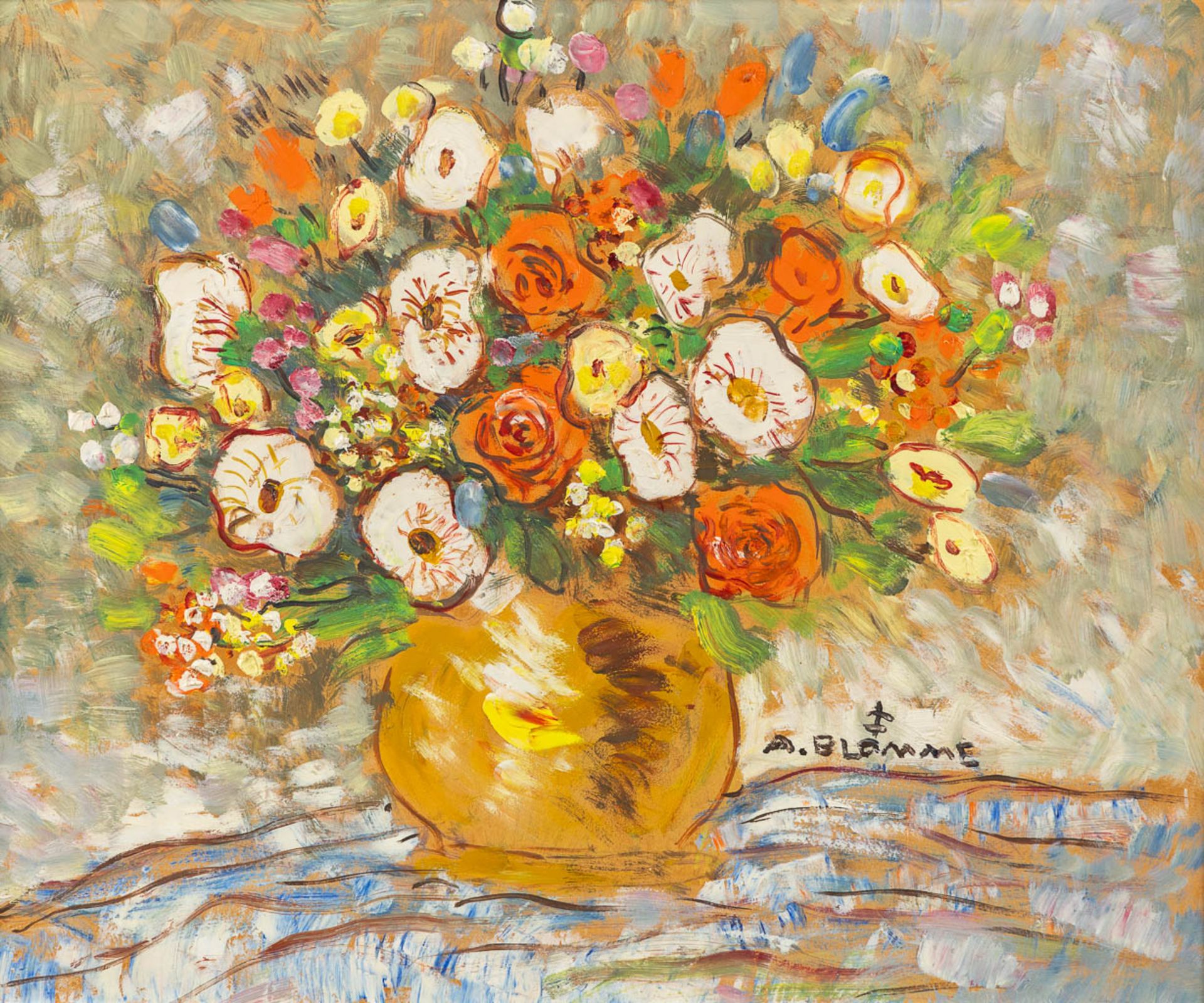 Alfons BLOMME (1889-1979) 'Gold vase with Flowers'. (W:60 x H:50 cm)