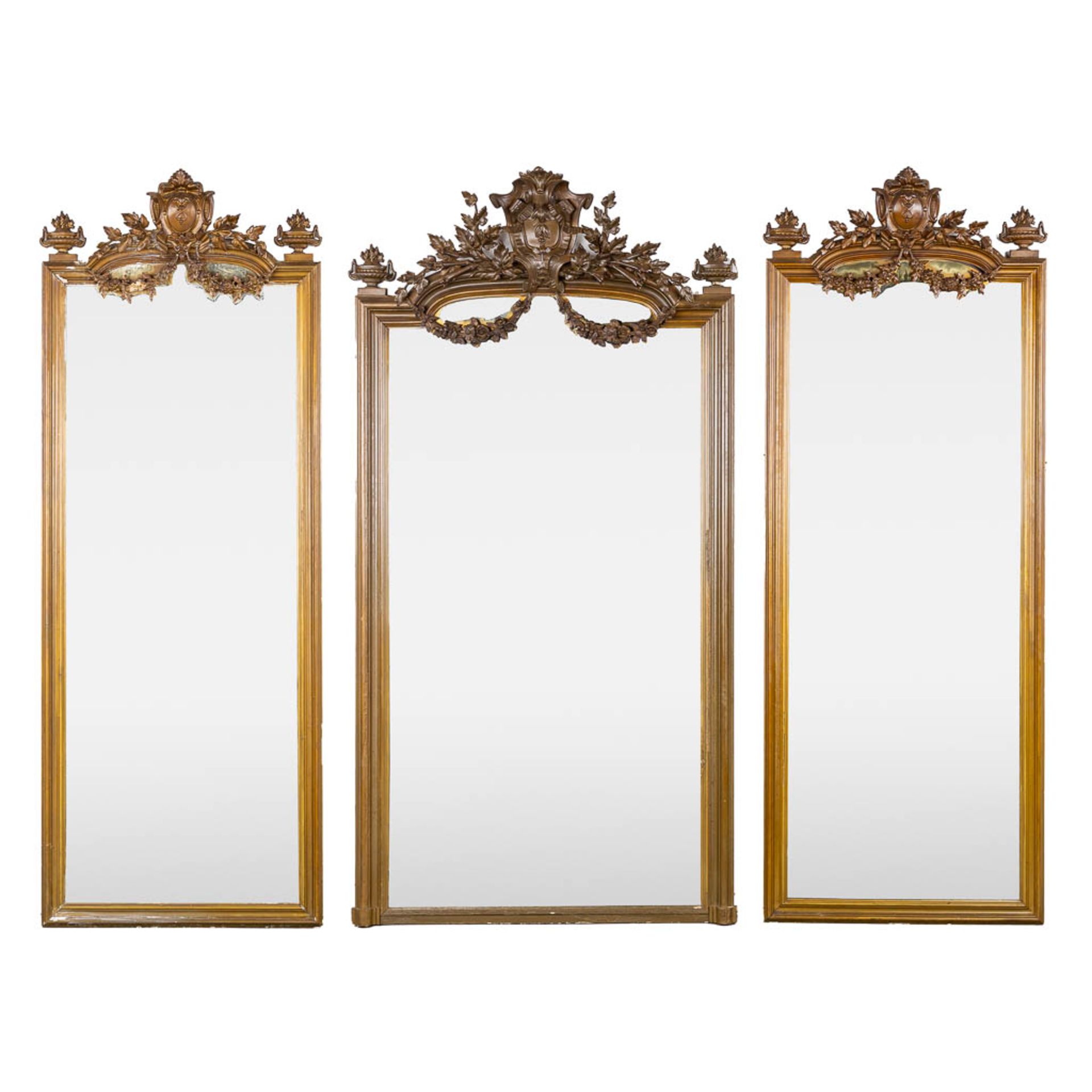 Three matching mirrors, gilt stucco in Louis XVI style. Circa 1900. (W:118 x H:226 cm)