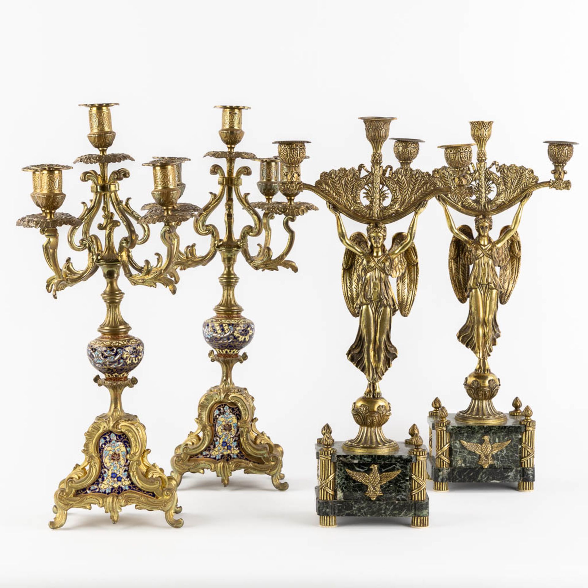 Two pairs of candelabra, bronze and cloisonné, Empire and Louis XVI style. (H:49 x D:26 cm)