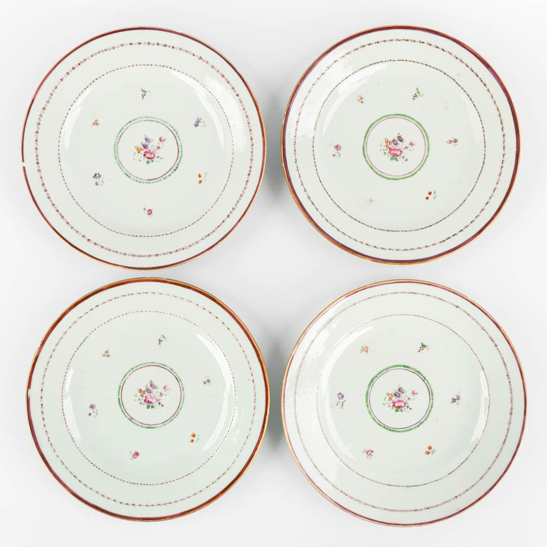 Ten Chinese Famille Rose plates and cups, flower decor. (D:23,5 cm) - Image 3 of 13