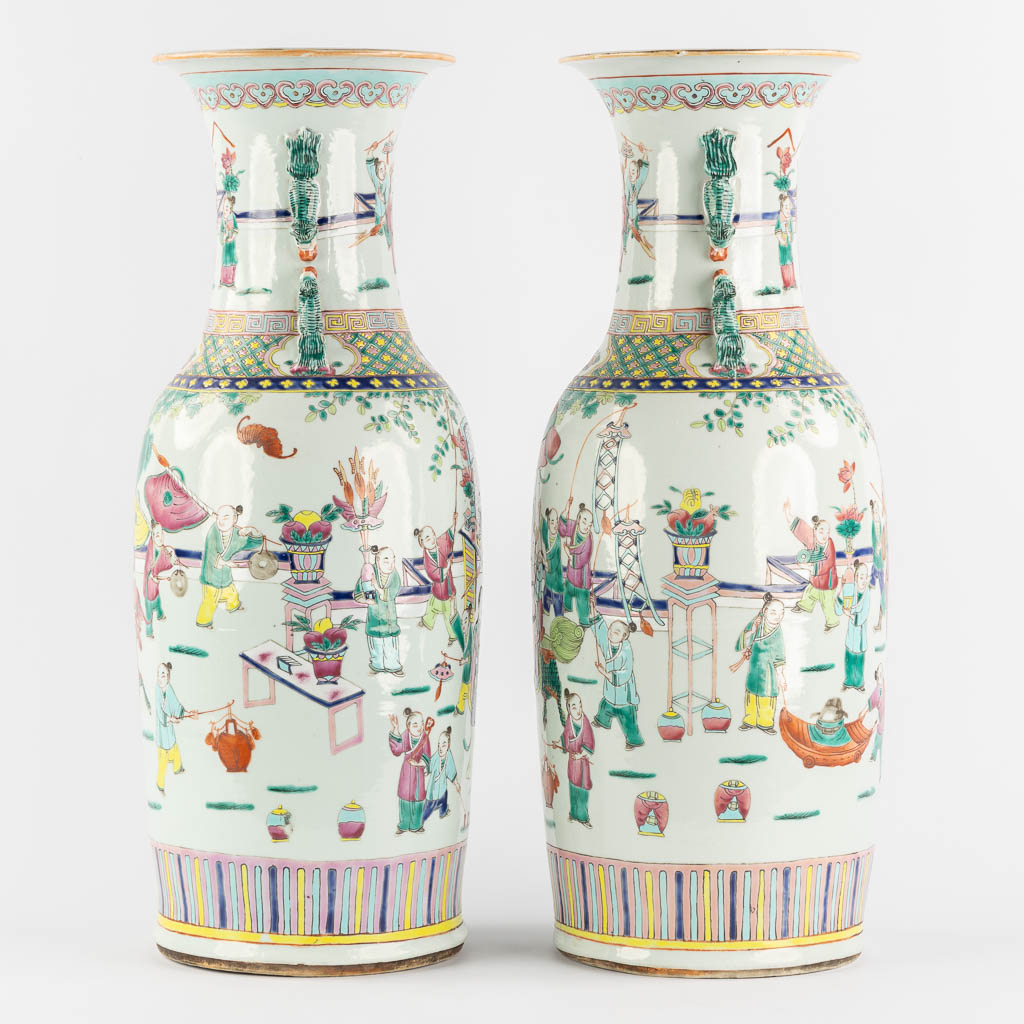 A pair of Chinese Famille Rose vases, Parade with dragons. (H:60 x D:23 cm) - Image 5 of 11