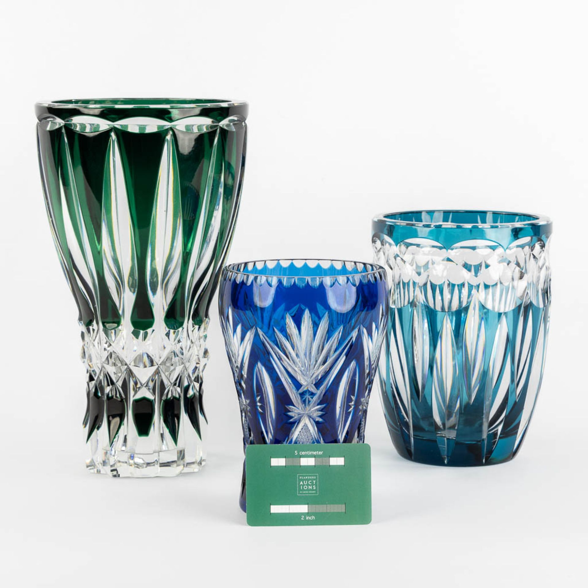Three cut and coloured crystal vases, the largest signed Val Saint Lambert. (H:28 x D:16 cm) - Image 2 of 9