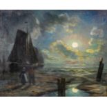 An antique painting 'Night view of the harbor', early 20th C. (W:46 x H:38 cm)