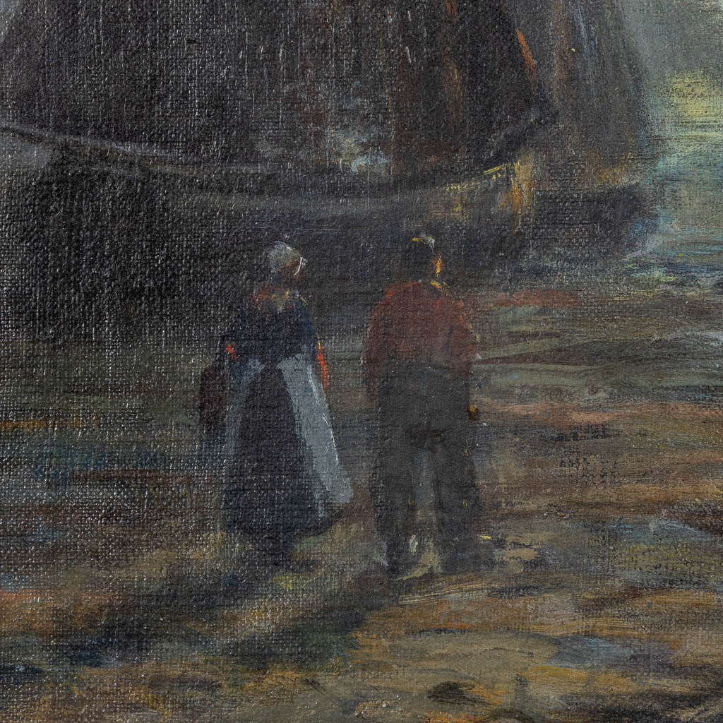 An antique painting 'Night view of the harbor', early 20th C. (W:46 x H:38 cm) - Image 4 of 6