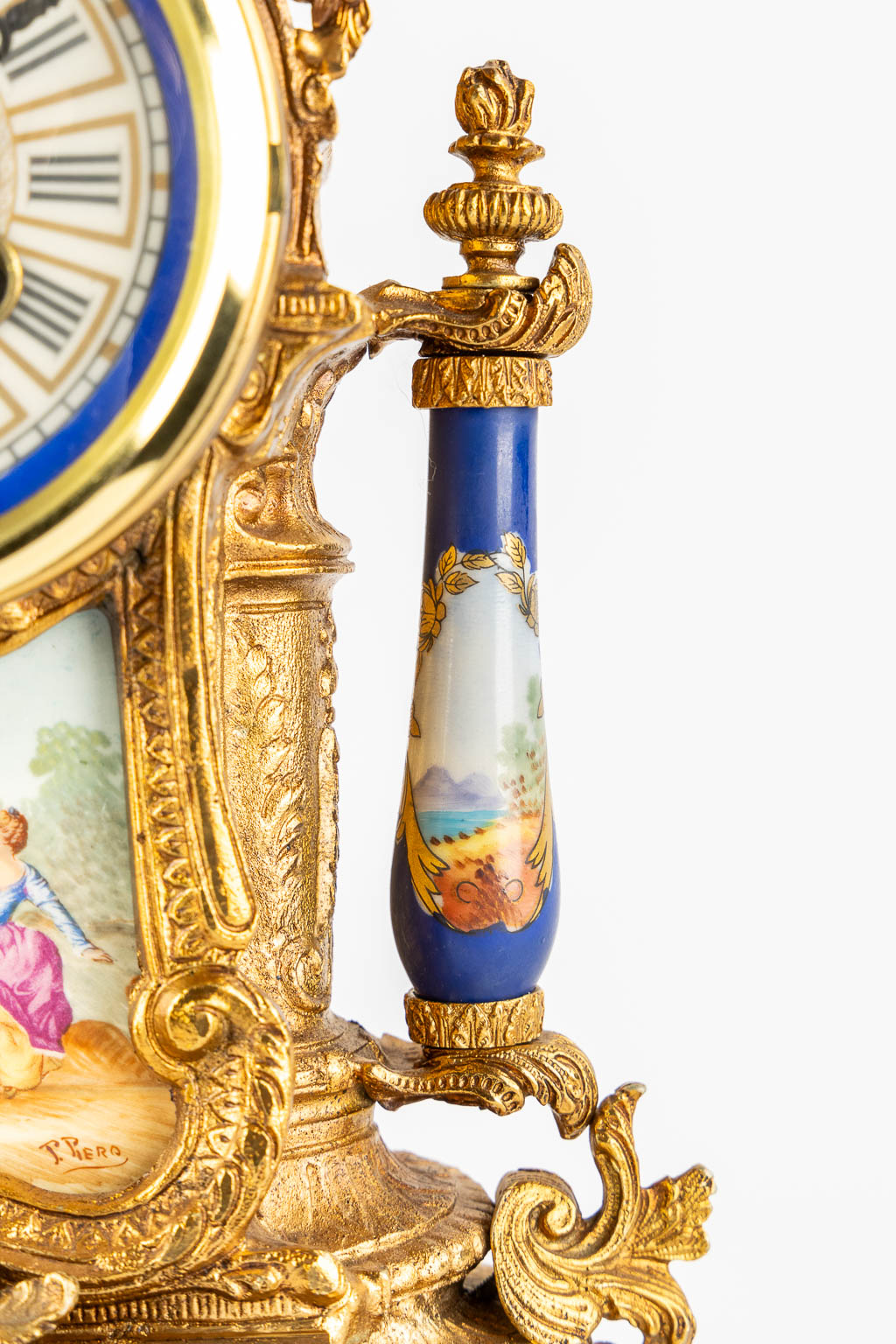 A three-piece mantle garniture clock and side pieces, bronze mounted with porcelain. (L:12 x W:20 x - Image 14 of 18