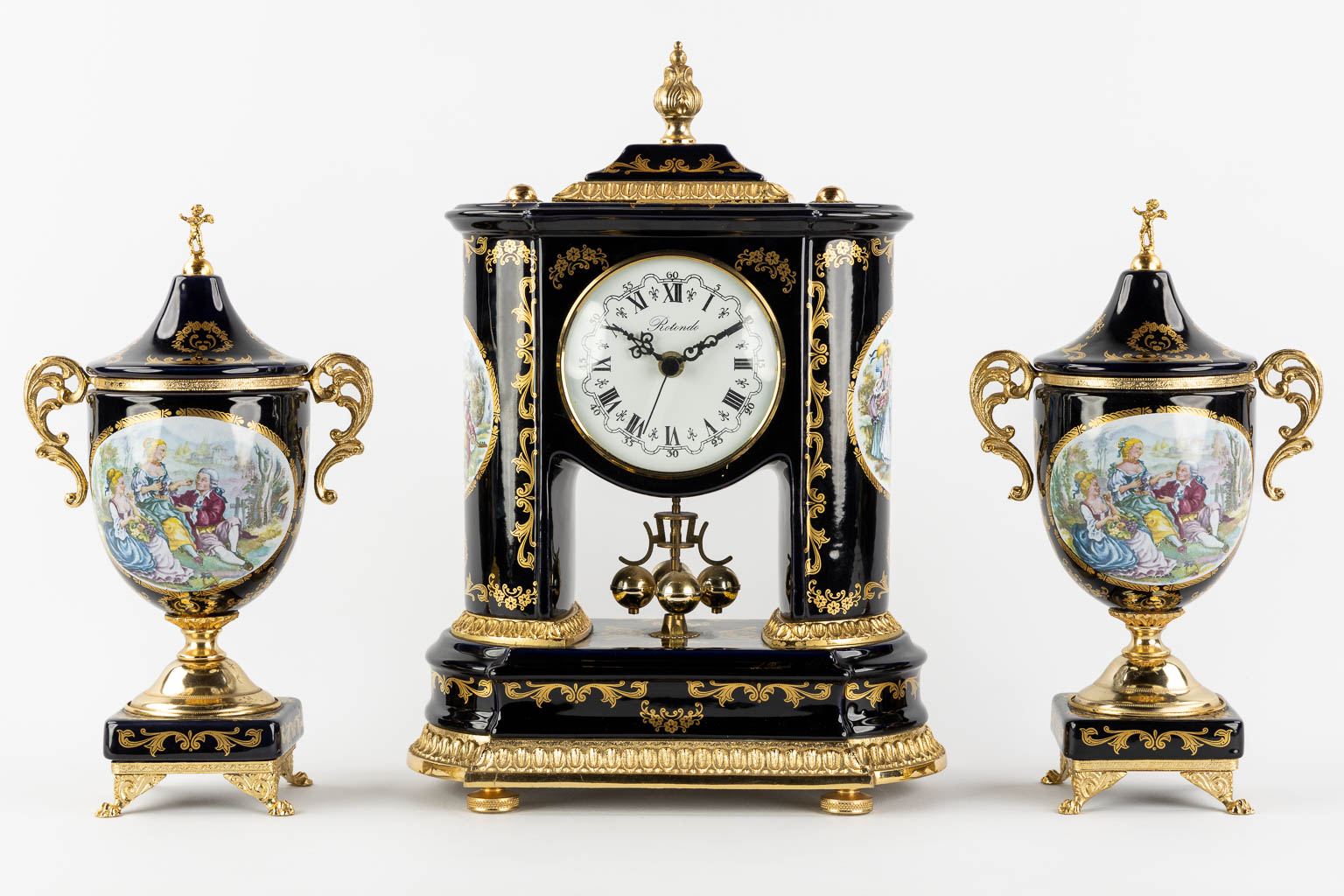 A.Rotondo, A three-piece mantle garniture clock, in the style of Limoges and A.C.F. (L:16 x W:25,5 x - Image 3 of 12