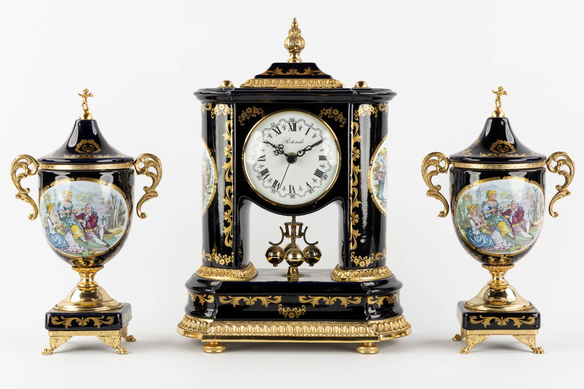 A.Rotondo, A three-piece mantle garniture clock, in the style of Limoges and A.C.F. (L:16 x W:25,5 x - Bild 3 aus 12