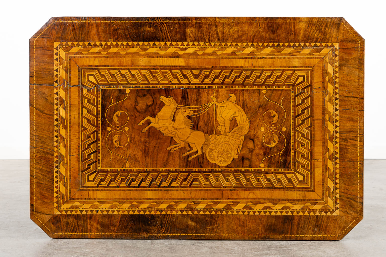 A side table, marquetry inlay with a 'Battle Cart'. 19th C. (L:60 x W:90 x H:62 cm) - Image 7 of 12