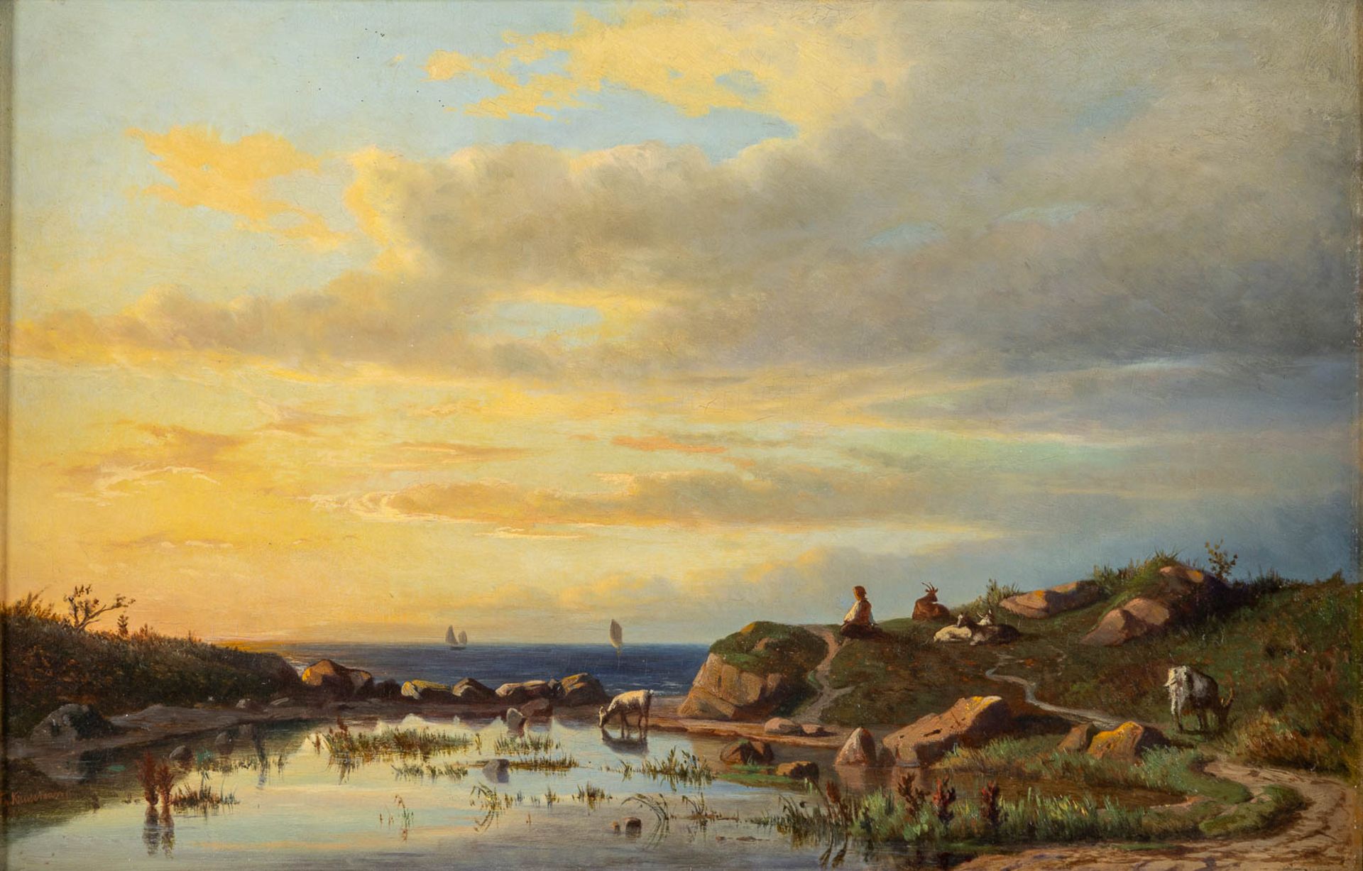 Jan Théodore KRUSEMAN (1835-1895) 'Ocean View at Dawn' 1861. (W:58,5 x H:37,5 cm)