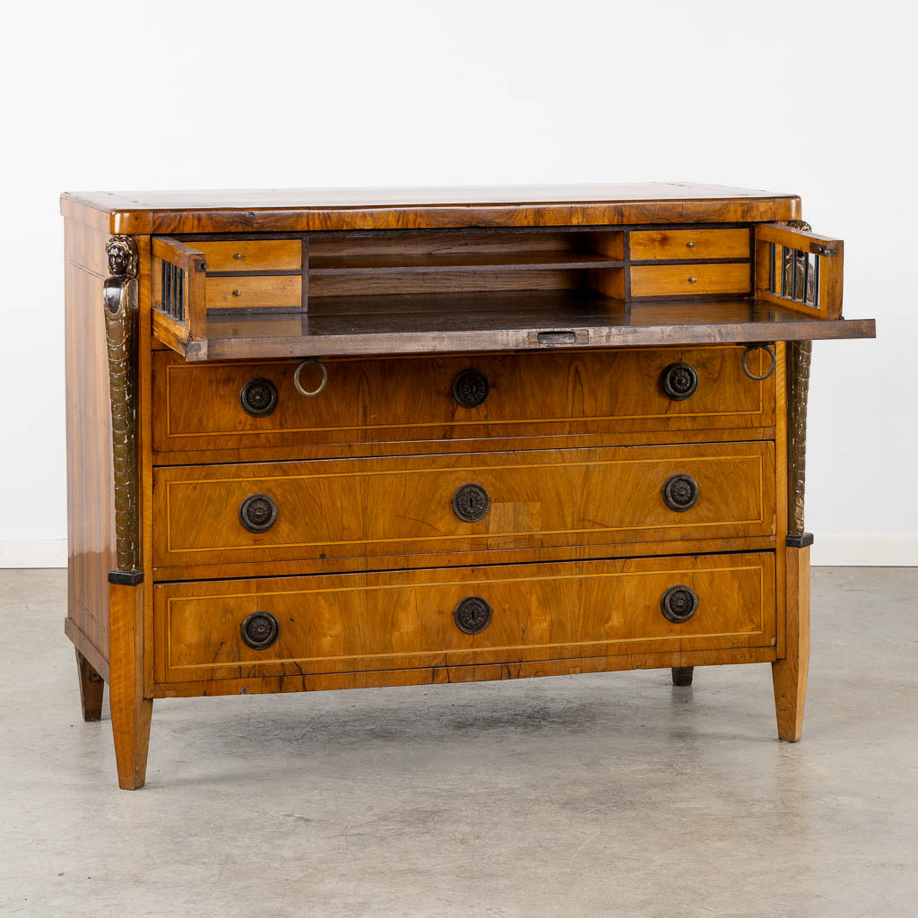 An antique commode, marquetry inlay with a secretaire top drawer. Germany, 18th/19th C. (L:64 x W:12 - Image 4 of 21