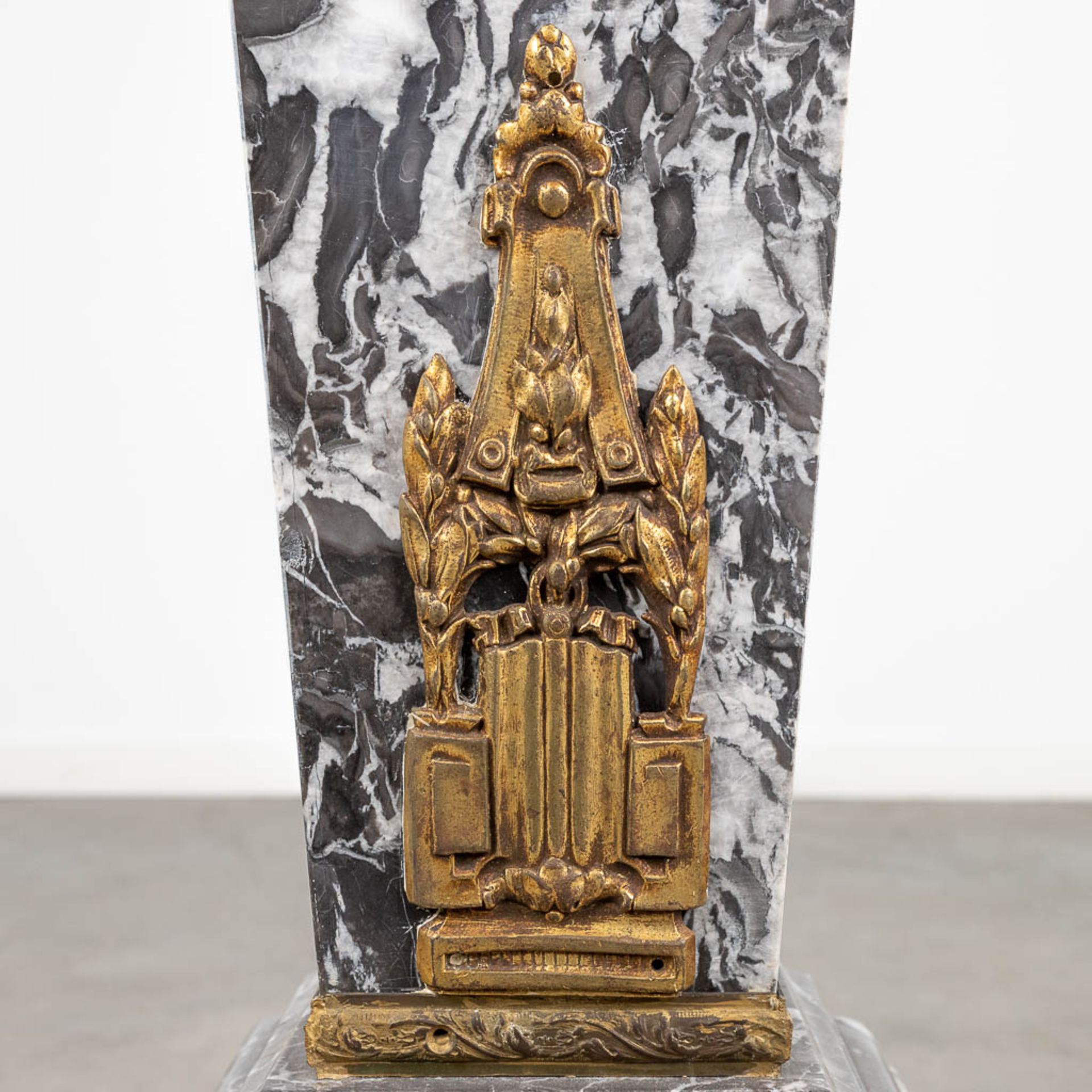 A pedestal, made of grey marble mounted with gilt bronze. (L:30 x W:30 x H:104 cm) - Image 11 of 11