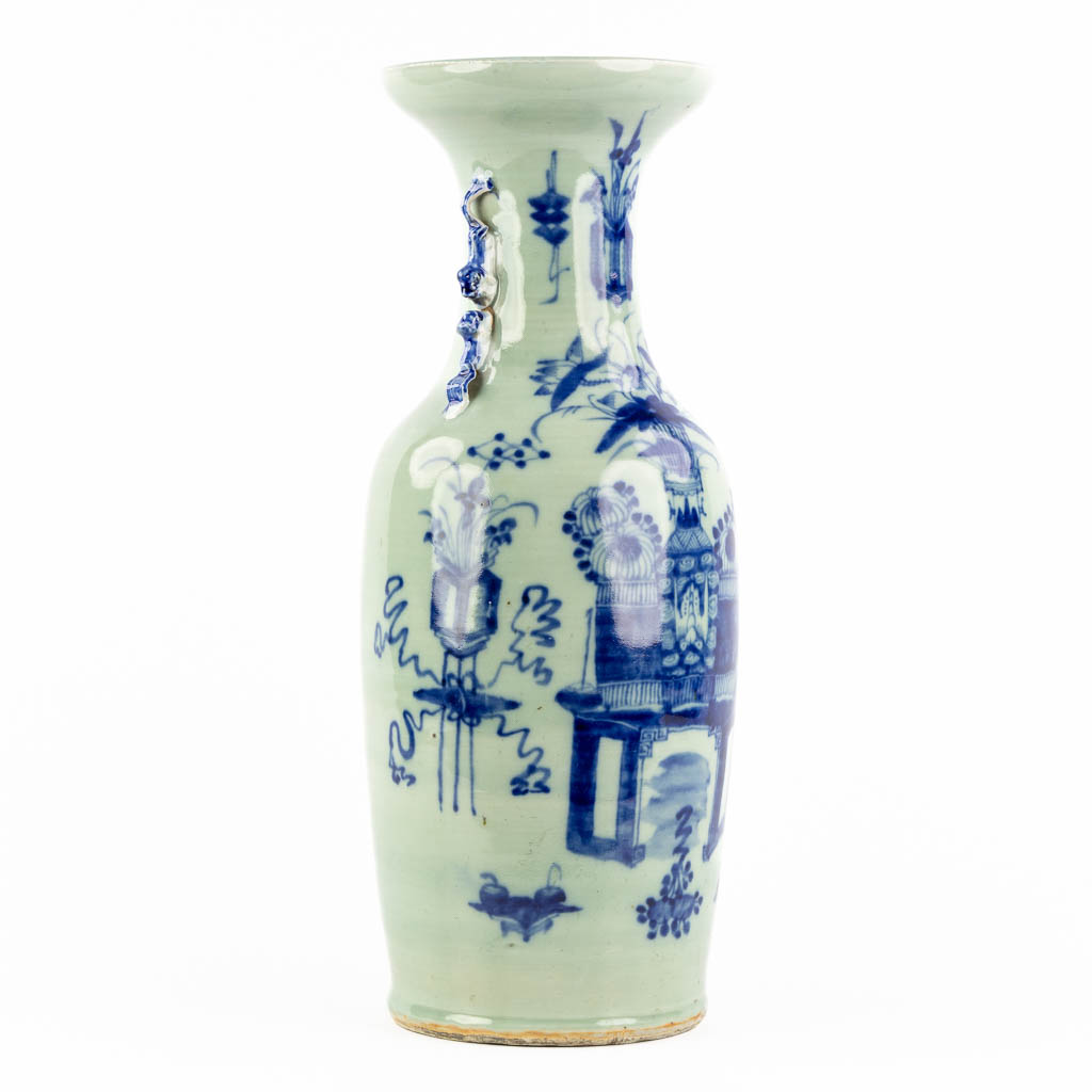 A Chinese celadon vase, decorated with flowers. 19th C. (H:56 x D:22 cm) - Image 3 of 12