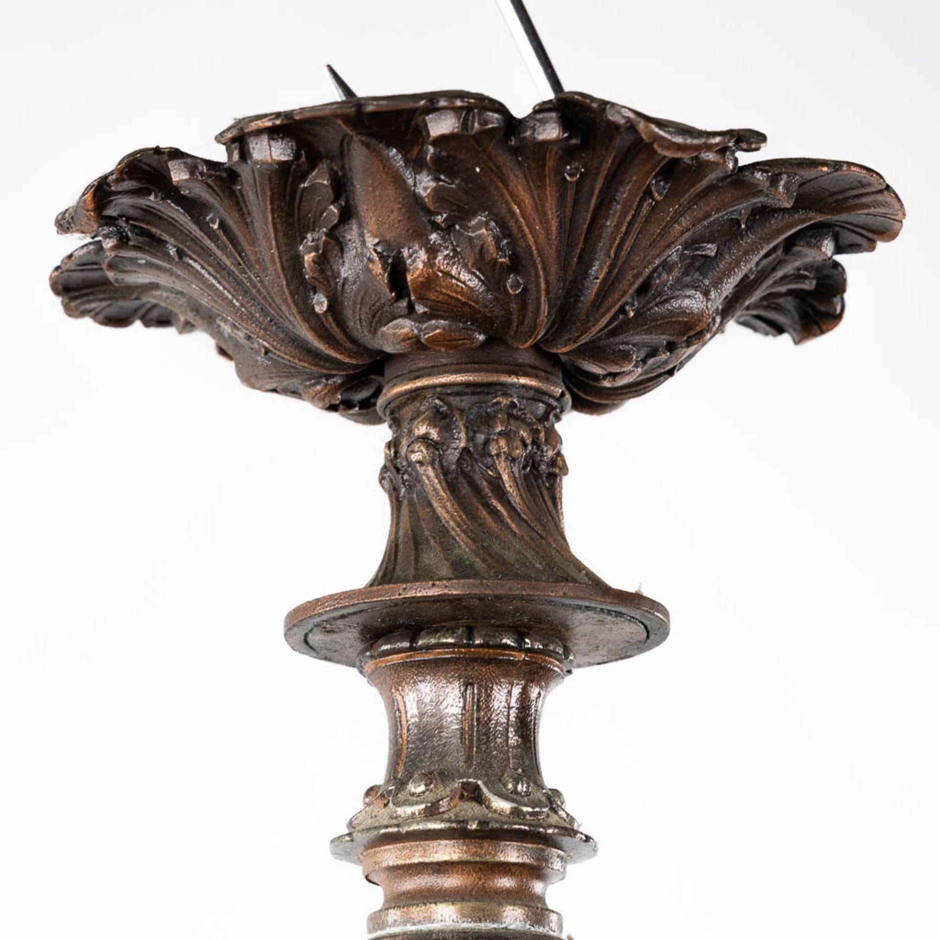 A large lantern, patinated metal and glass. Circa 1900. (H:144 x D:45 cm) - Image 3 of 12