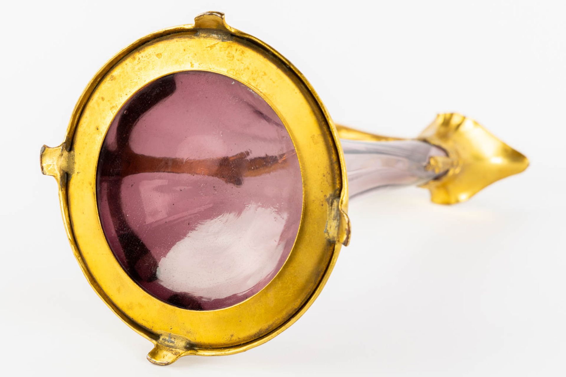 A pitcher, gilt metal and purple glass, Art Nouveau. (L:16 x W:20 x H:39 cm) - Image 8 of 11