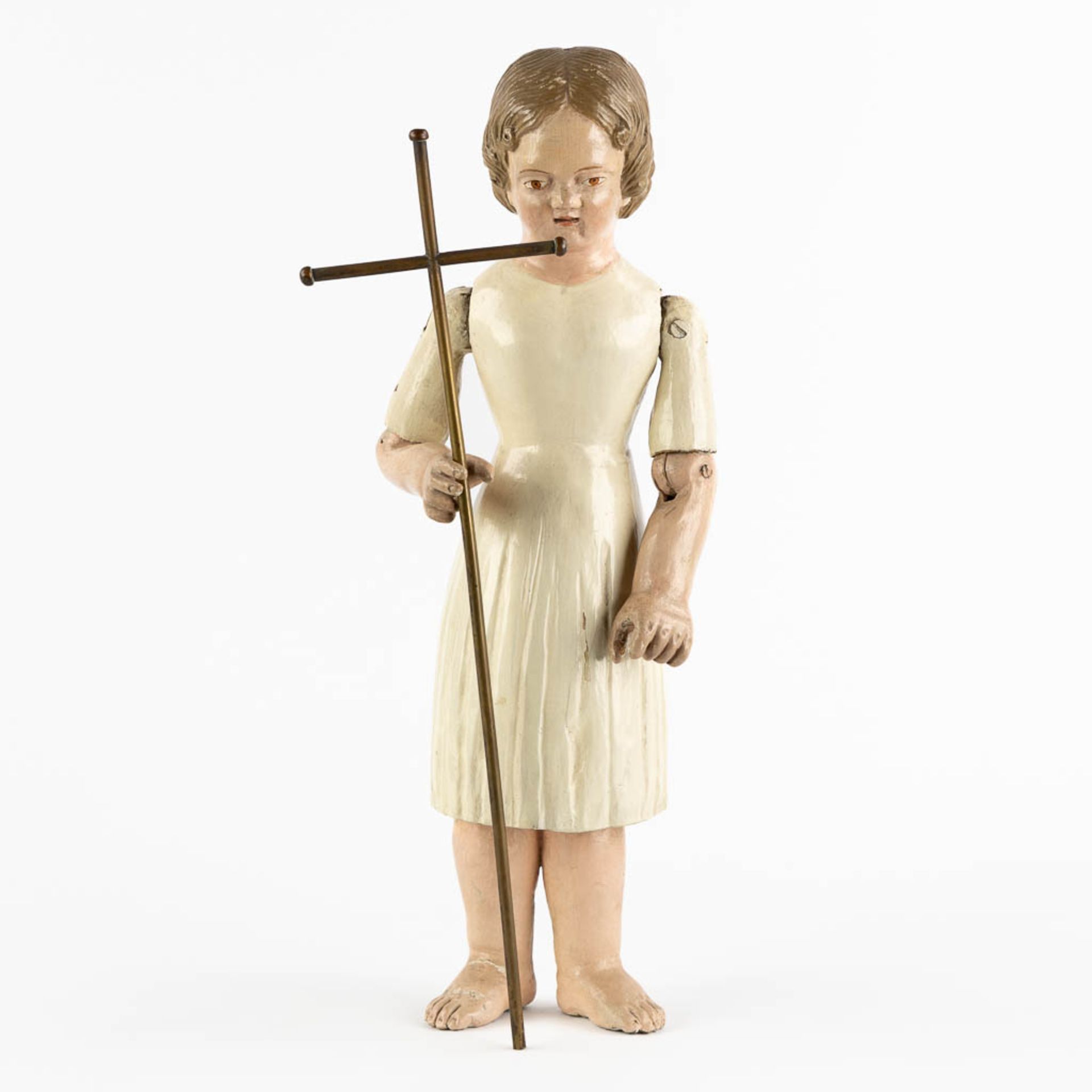 An antique patinated and wood-sculptured doll. 19th C. (L:11,5 x W:17 x H:45 cm) - Image 3 of 12