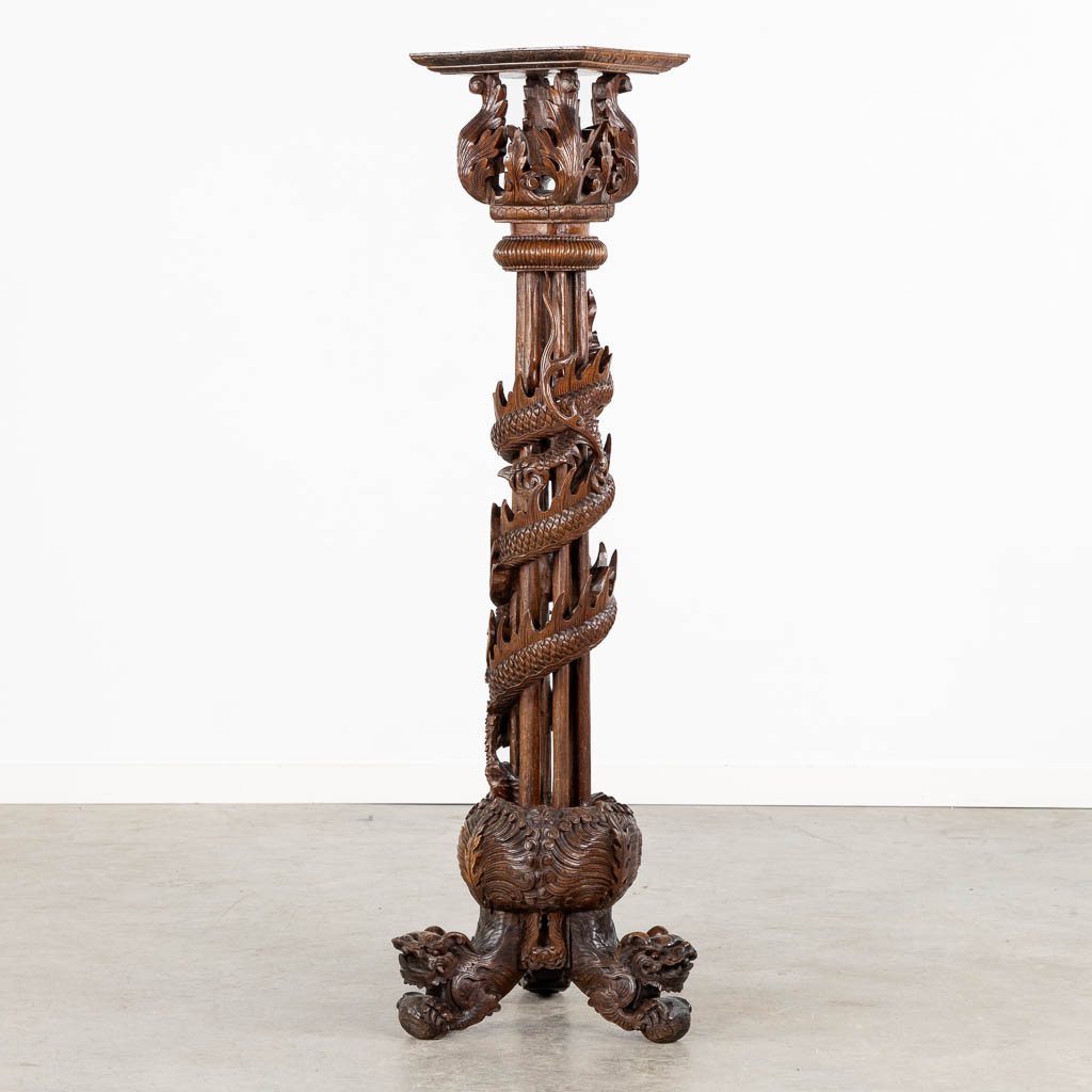 A Oriental hardwood pedestal with a sculptured dragon. (W:42 x H:125 cm) - Image 4 of 13