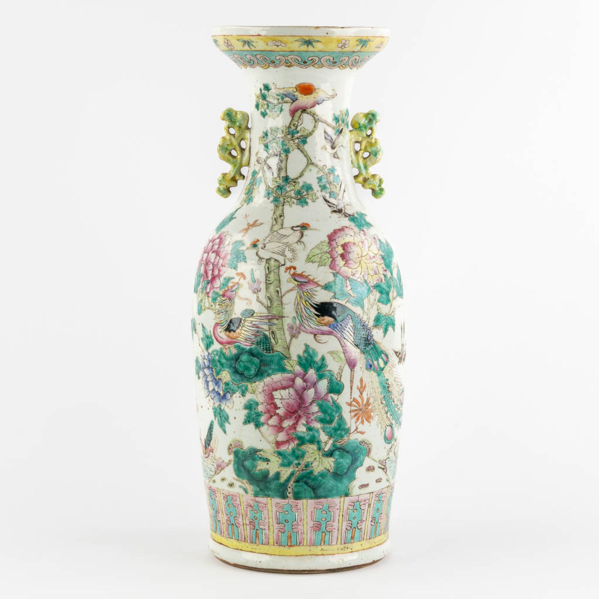 A Chinese Vase, Famille Rose decorated with Fauna and Flora. (H:60 x D:25 cm)