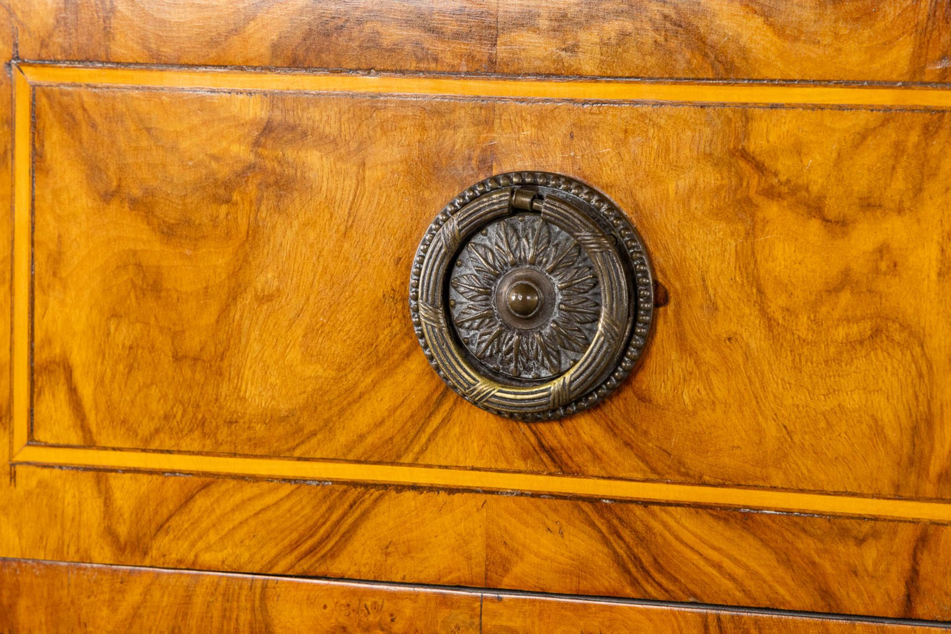 An antique commode, marquetry inlay with a secretaire top drawer. Germany, 18th/19th C. (L:64 x W:12 - Image 11 of 21