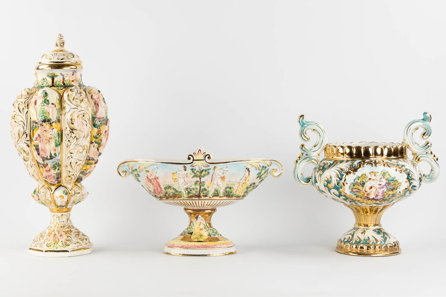 Six large bowls and vases, glazed faience, Capodimonte, Italy. (H:52 x D:23 cm) - Image 3 of 16