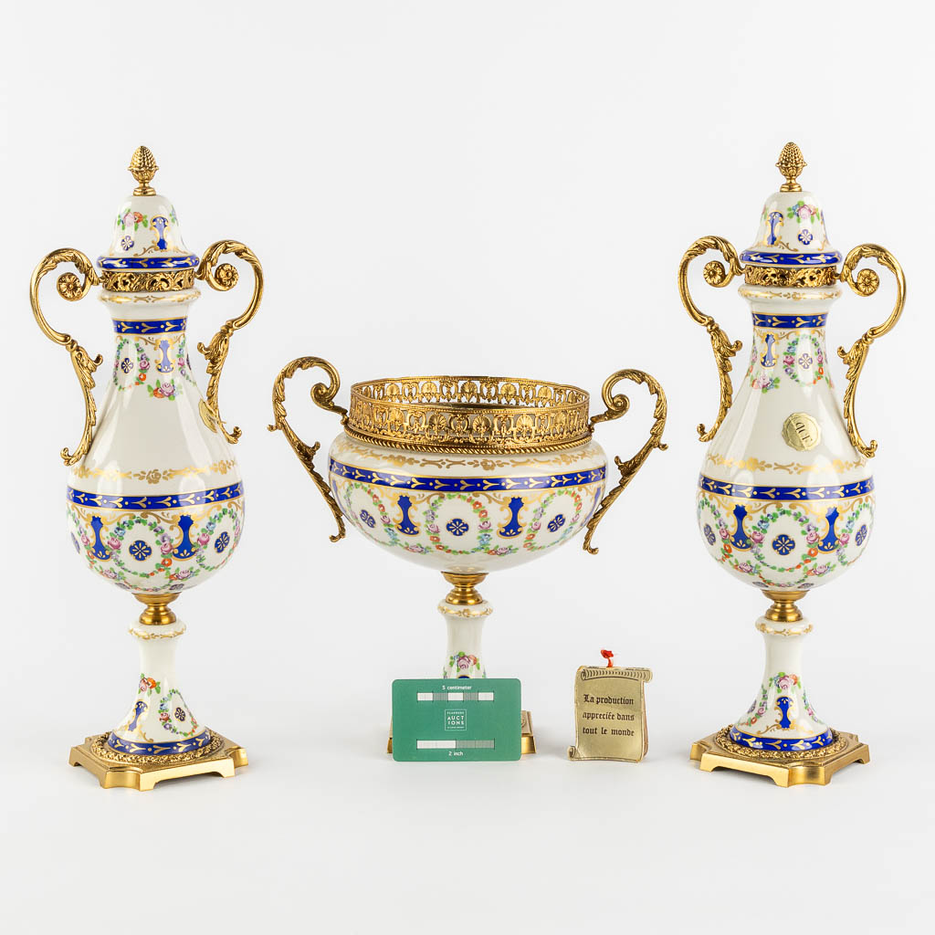 A.C.F. a three-piece mantle garniture, glazed ceramics mounted with bronze. (H:41 cm) - Image 2 of 13