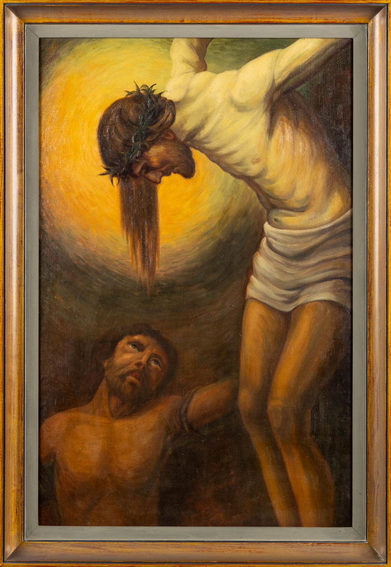 An antique painting 'Christ hanging from the cross' oil on canvas. (W:55 x H:86 cm) - Bild 3 aus 6