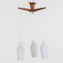 Fog &amp; Morup, a Danish chandelier with three opaline glass lampshades. (L:37 x W:37 x H:78 cm)