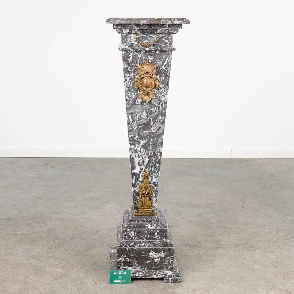 A pedestal, made of grey marble mounted with gilt bronze. (L:30 x W:30 x H:104 cm) - Image 2 of 11