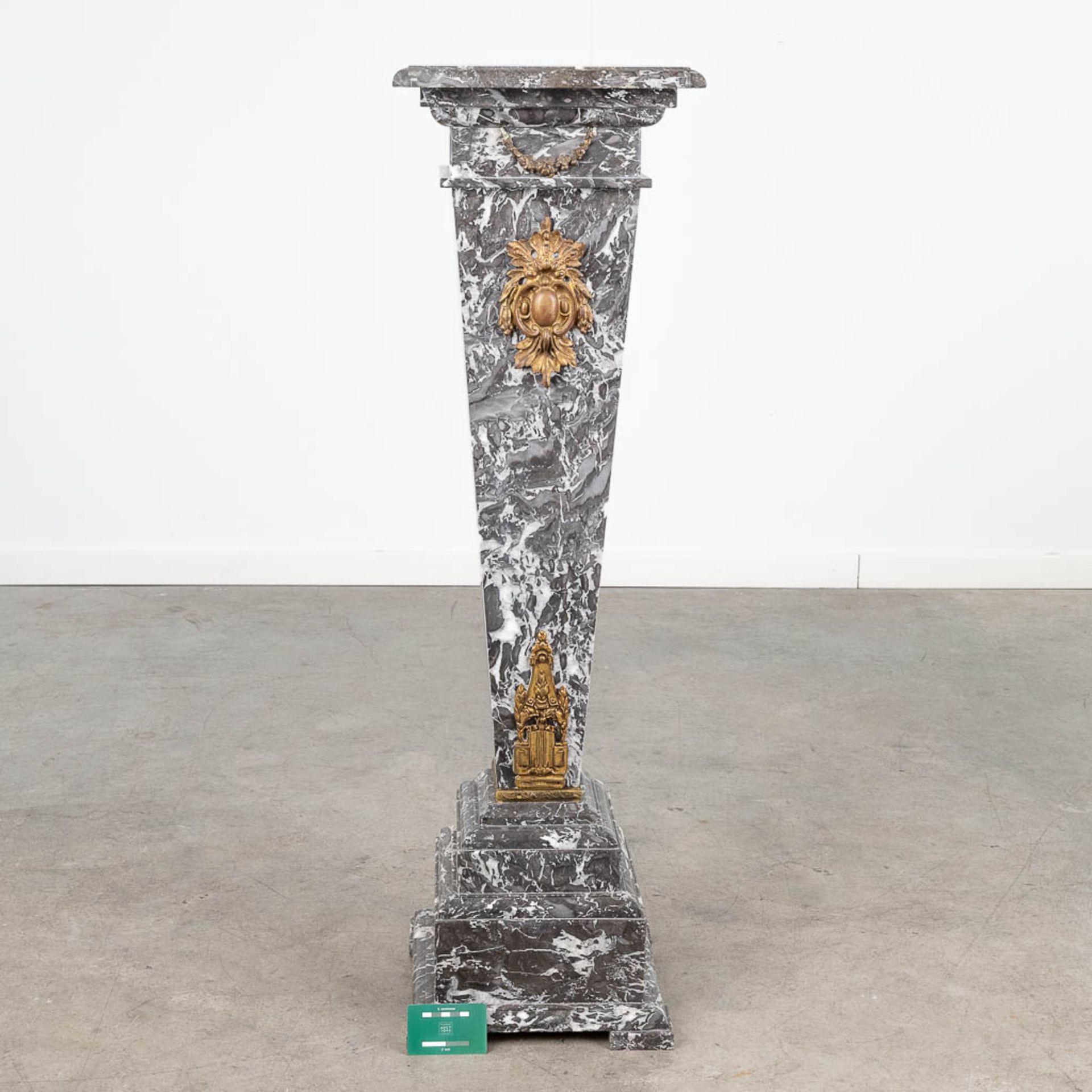 A pedestal, made of grey marble mounted with gilt bronze. (L:30 x W:30 x H:104 cm) - Bild 2 aus 11