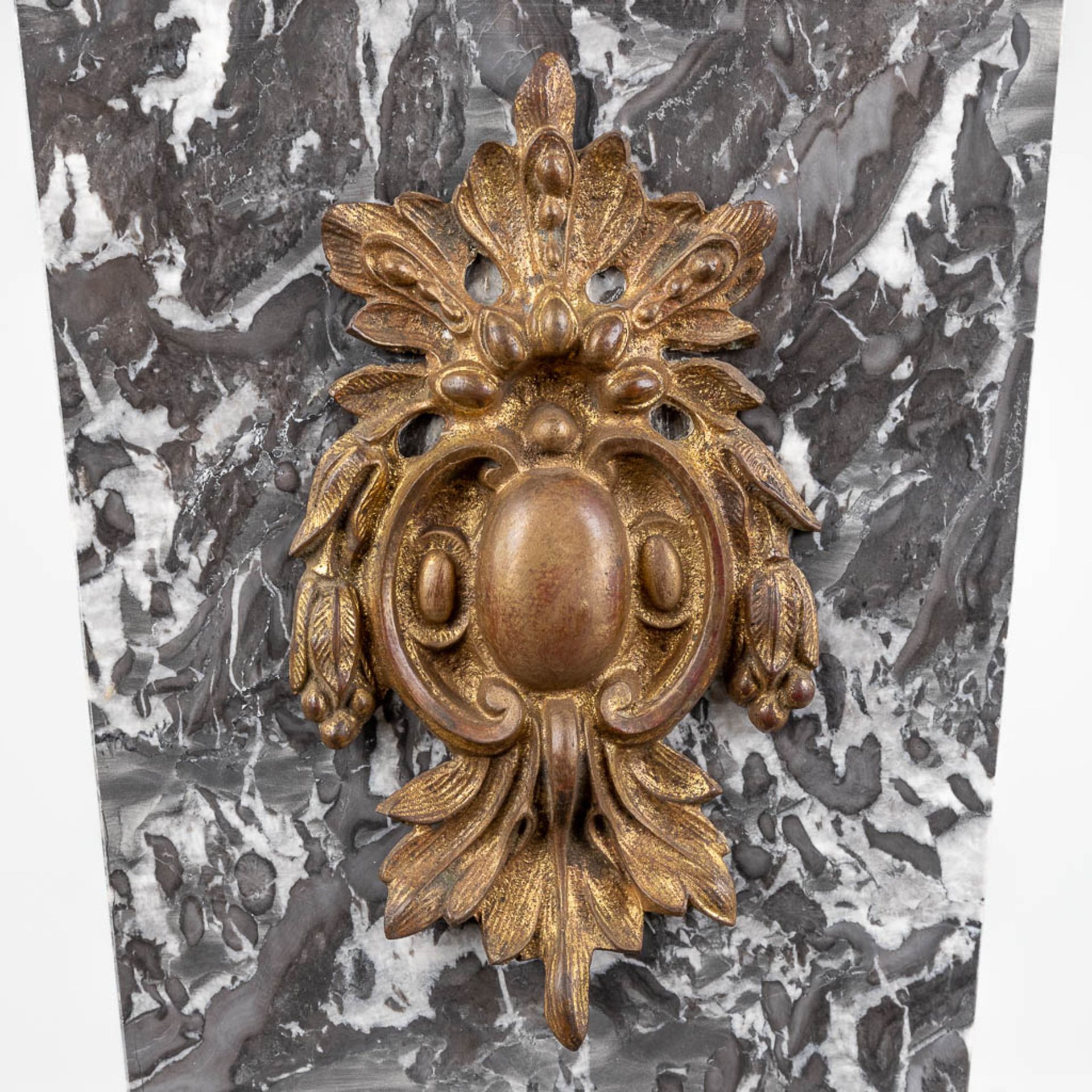 A pedestal, made of grey marble mounted with gilt bronze. (L:30 x W:30 x H:104 cm) - Image 10 of 11