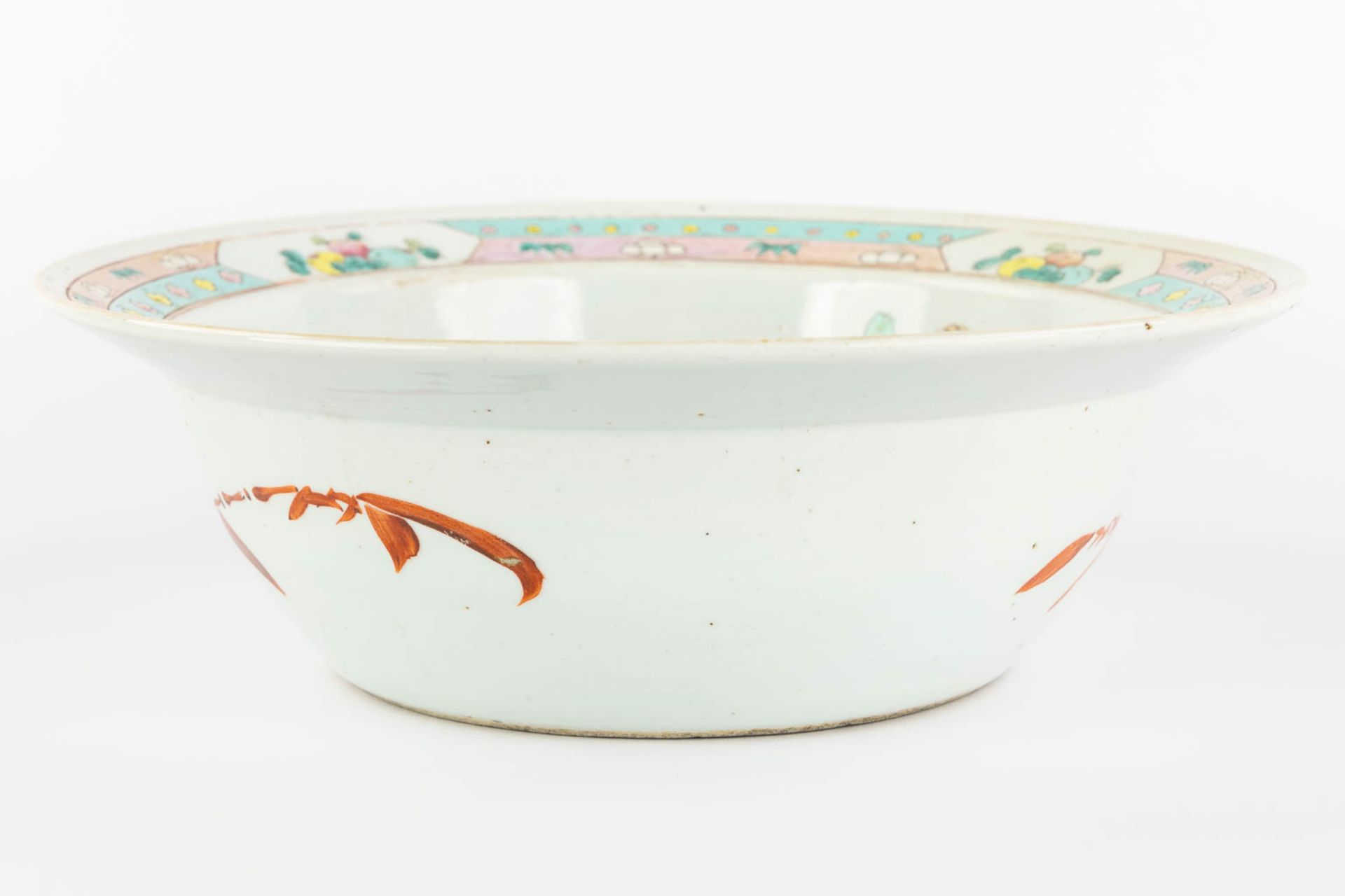 A large Chinese bowl, Famille Rose decorated with a Peacock and blossoms. 19th century. (H:12,5 x D: - Image 7 of 10