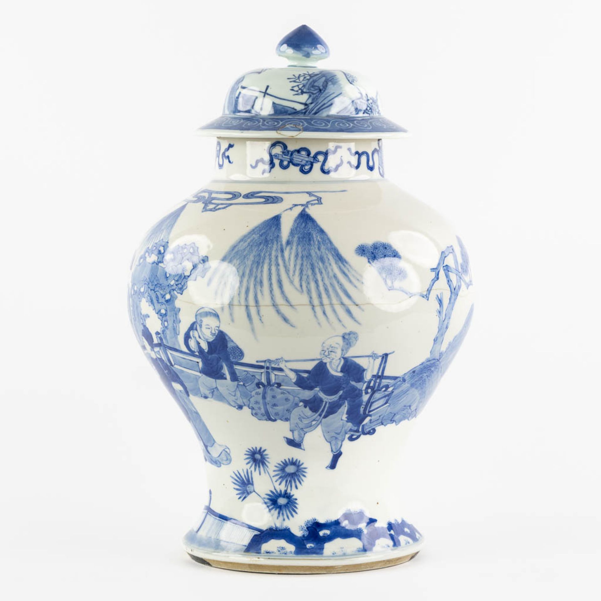 A Chinese 'Baluster' vase, blue-white decor of 'Wise Men'. (H:43 x D:29 cm) - Image 6 of 12