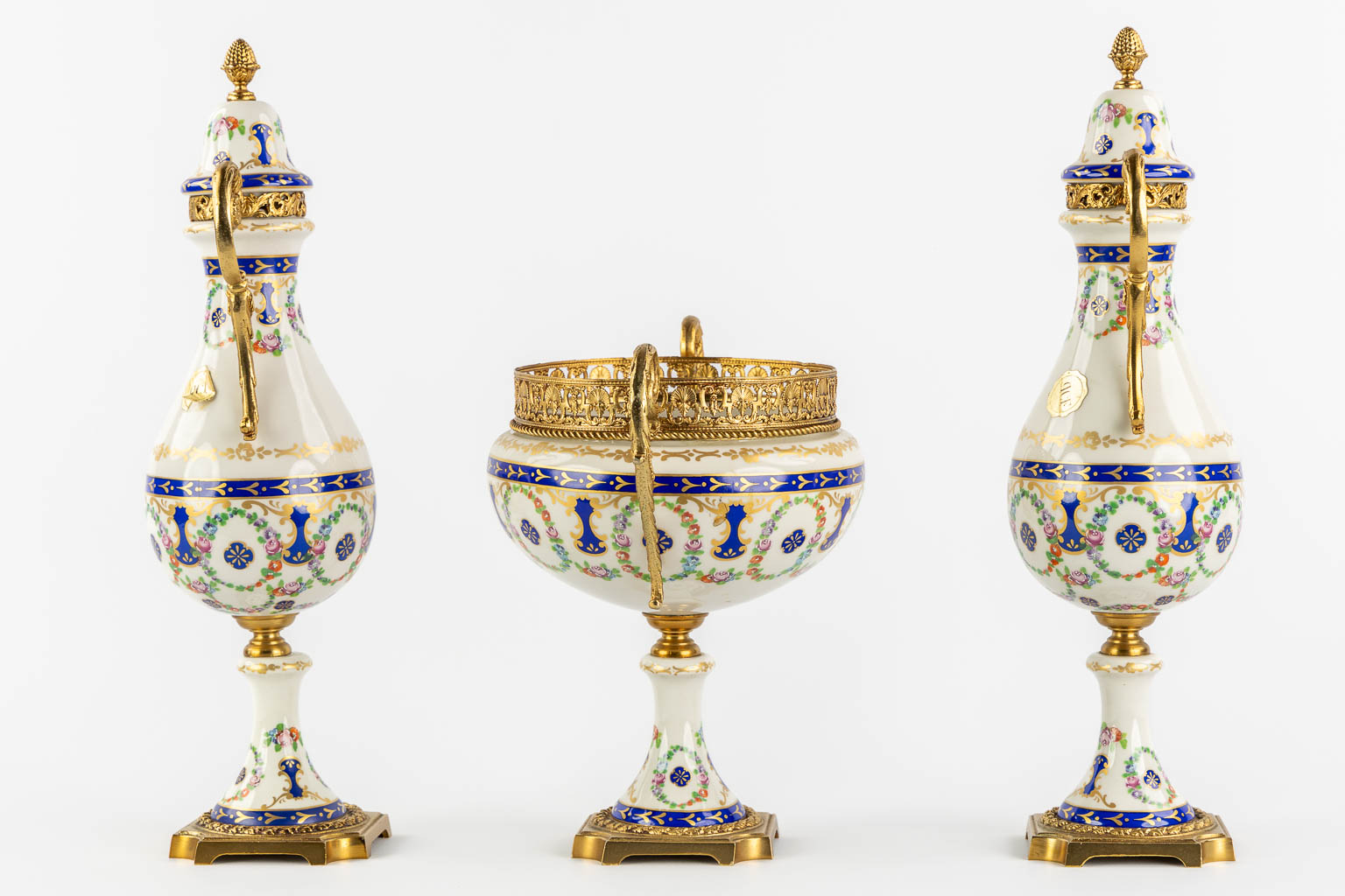 A.C.F. a three-piece mantle garniture, glazed ceramics mounted with bronze. (H:41 cm) - Image 6 of 13