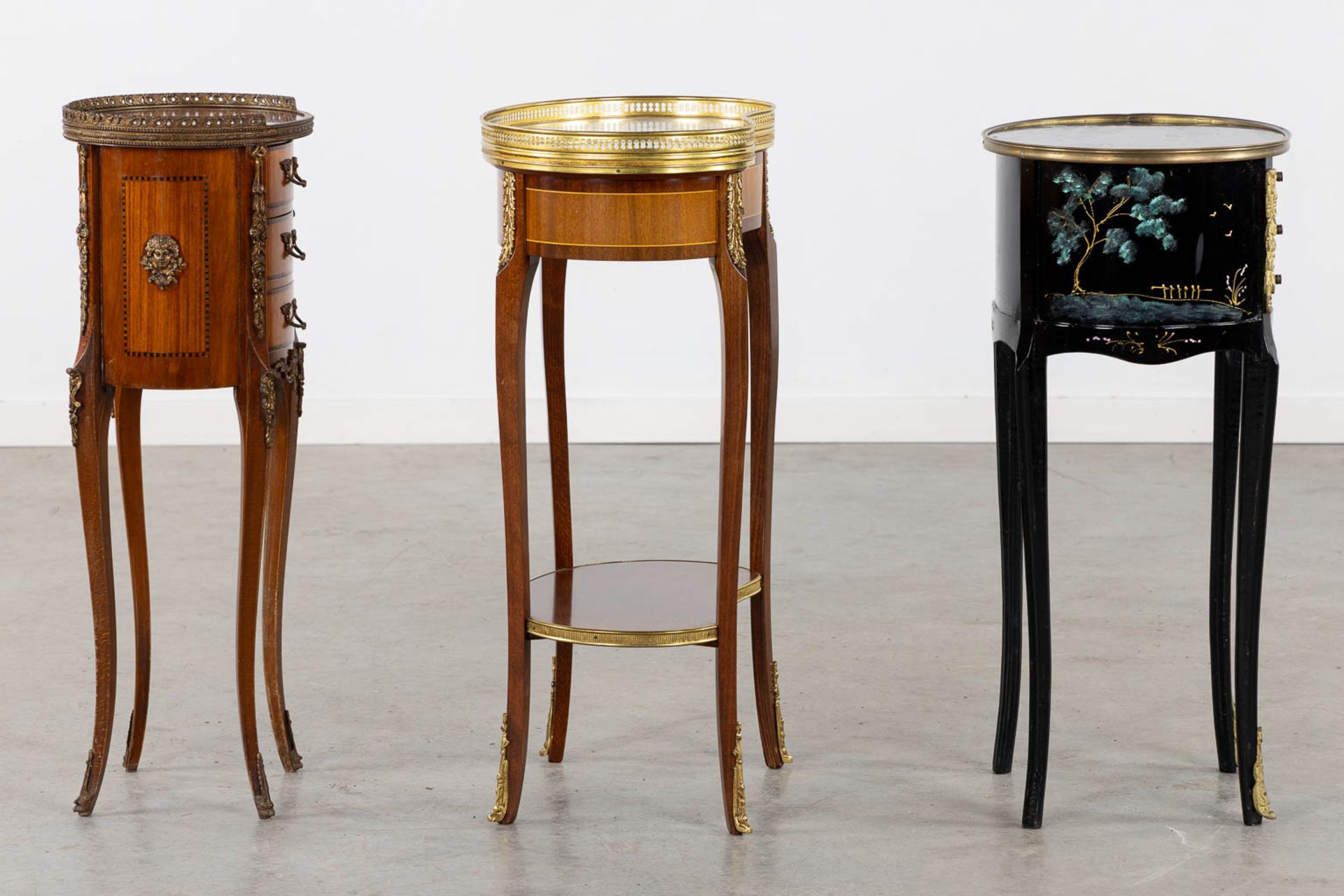 Three small side tables, marquetry and painted decor. 20th C. (L:30 x W:44 x H:71 cm) - Image 5 of 14