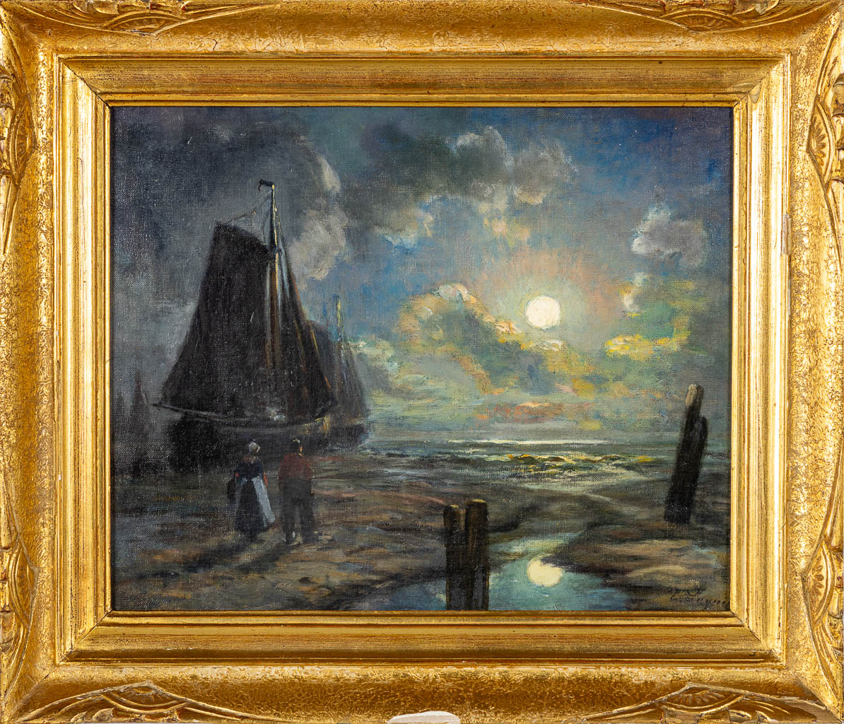 An antique painting 'Night view of the harbor', early 20th C. (W:46 x H:38 cm) - Image 3 of 6