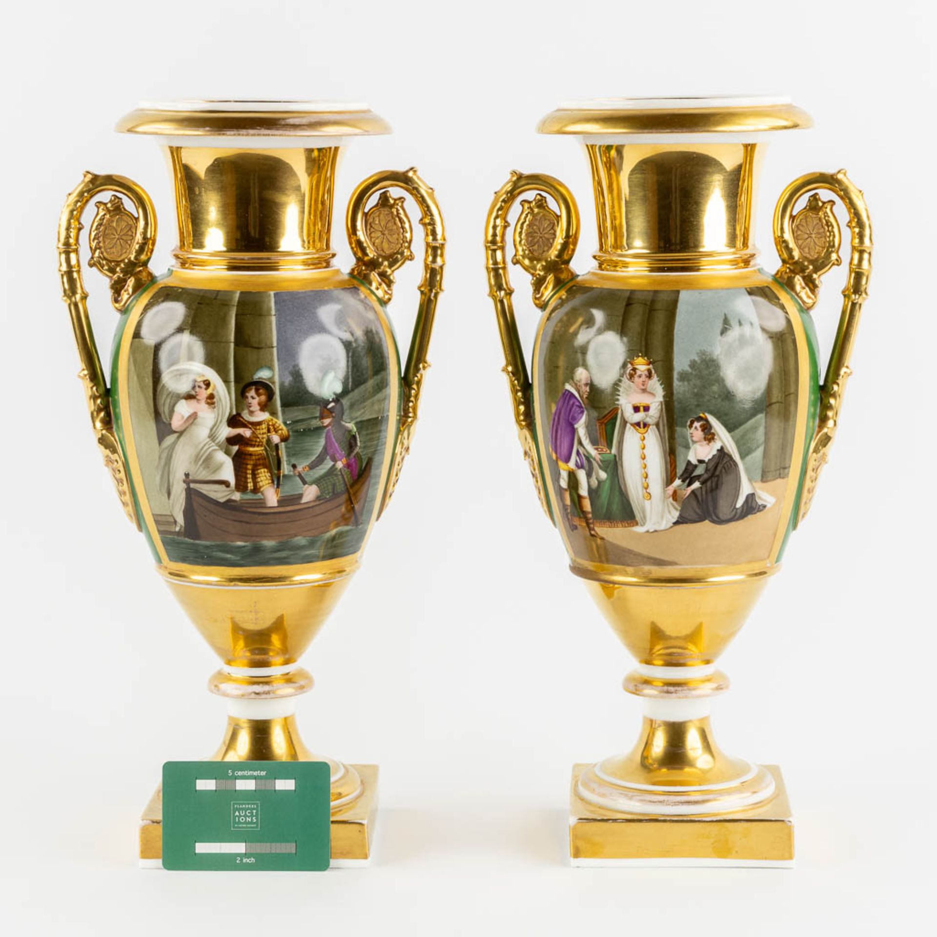 A pair of Vieux Paris vases, Empire style. 19th C. (L:15 x W:20 x H:38,5 cm) - Image 2 of 11