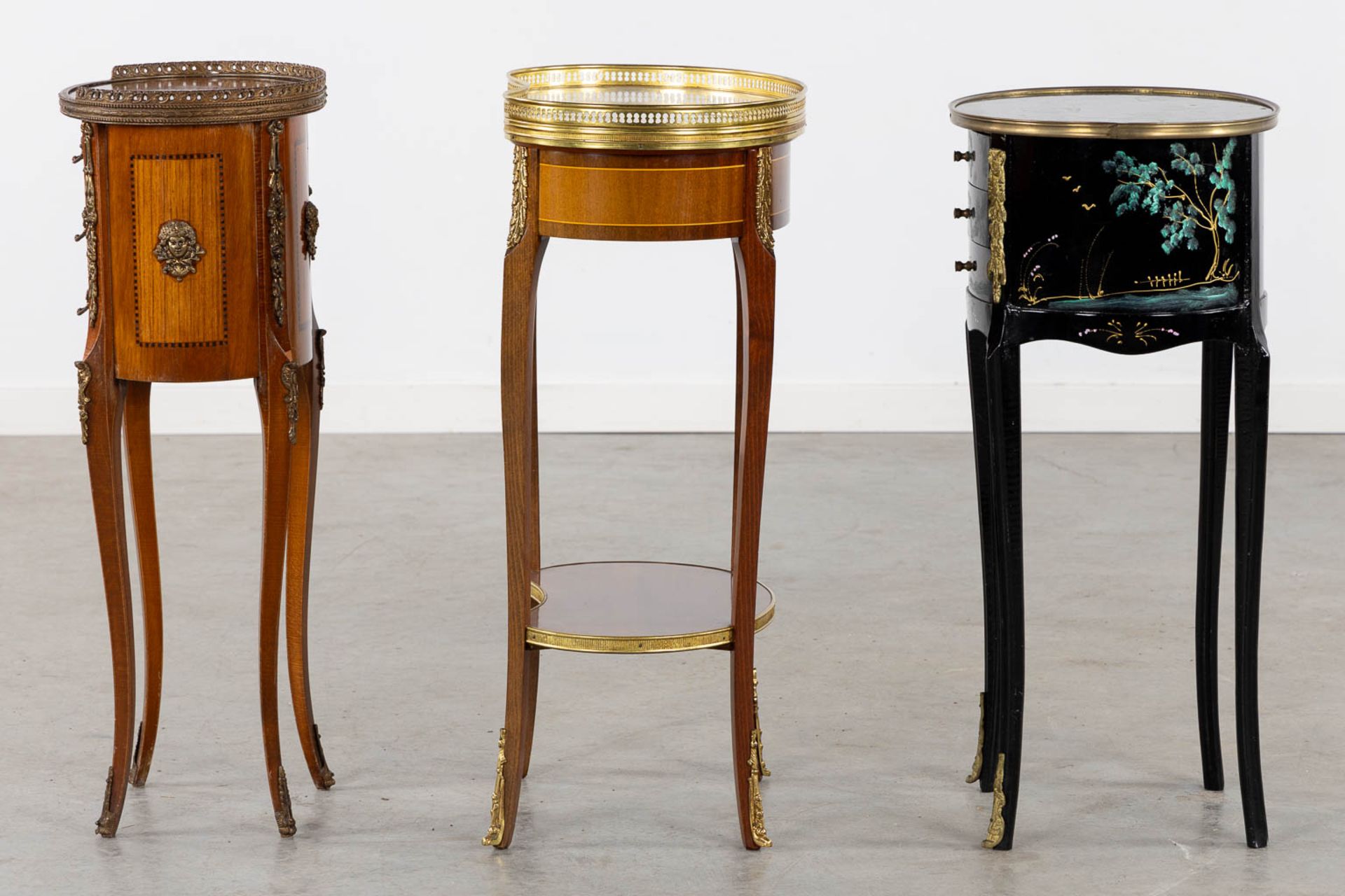 Three small side tables, marquetry and painted decor. 20th C. (L:30 x W:44 x H:71 cm) - Bild 7 aus 14