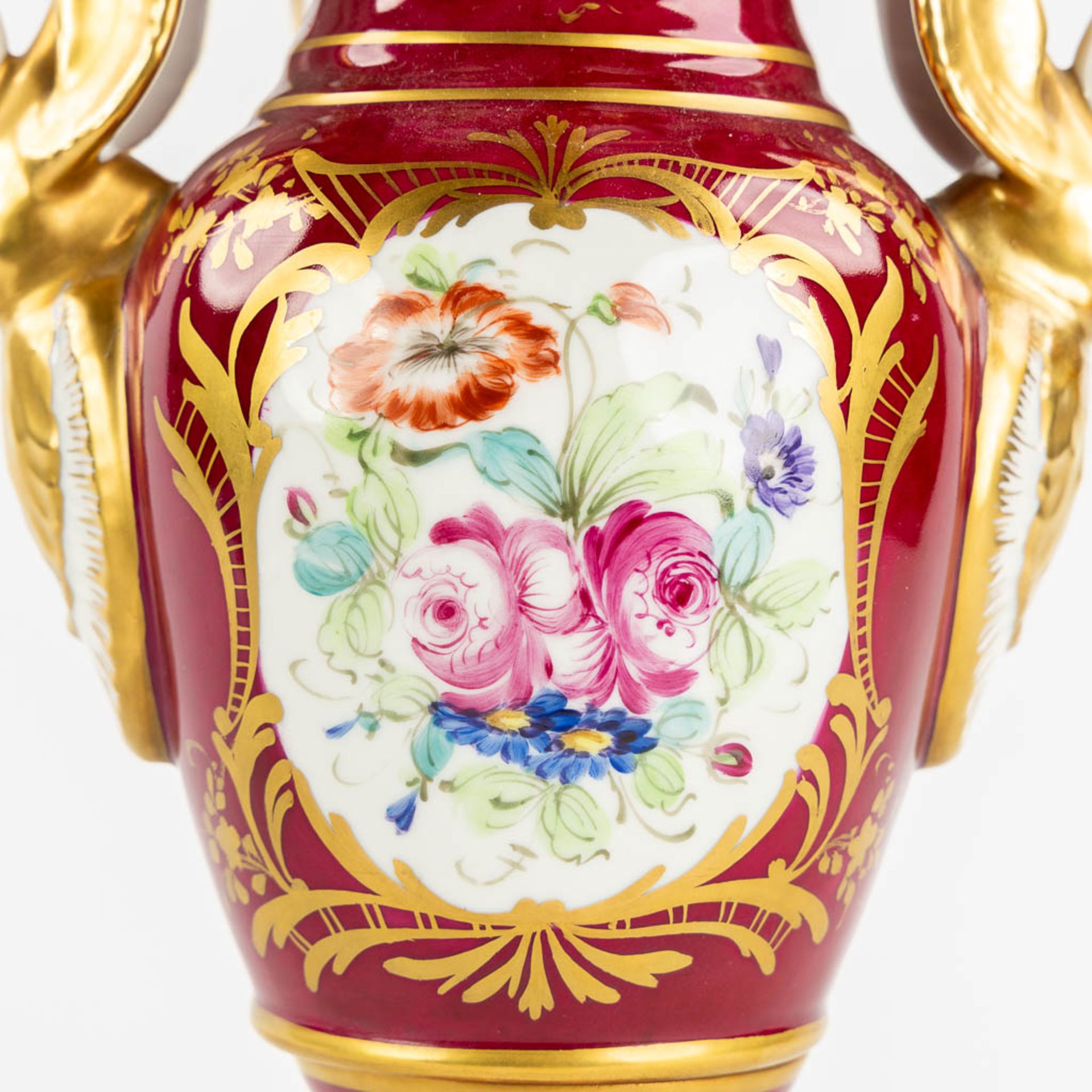 Limoges and Sèvres marks, a lamp base and a tazza with a hand-painted flower decor. (H:40 cm) - Image 12 of 14