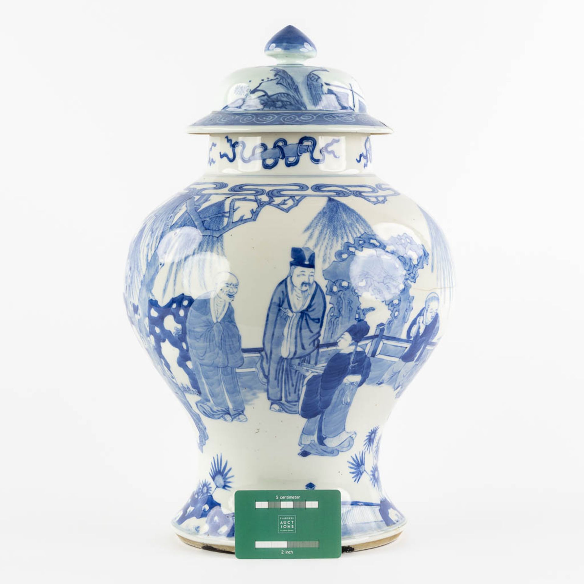A Chinese 'Baluster' vase, blue-white decor of 'Wise Men'. (H:43 x D:29 cm) - Image 2 of 12