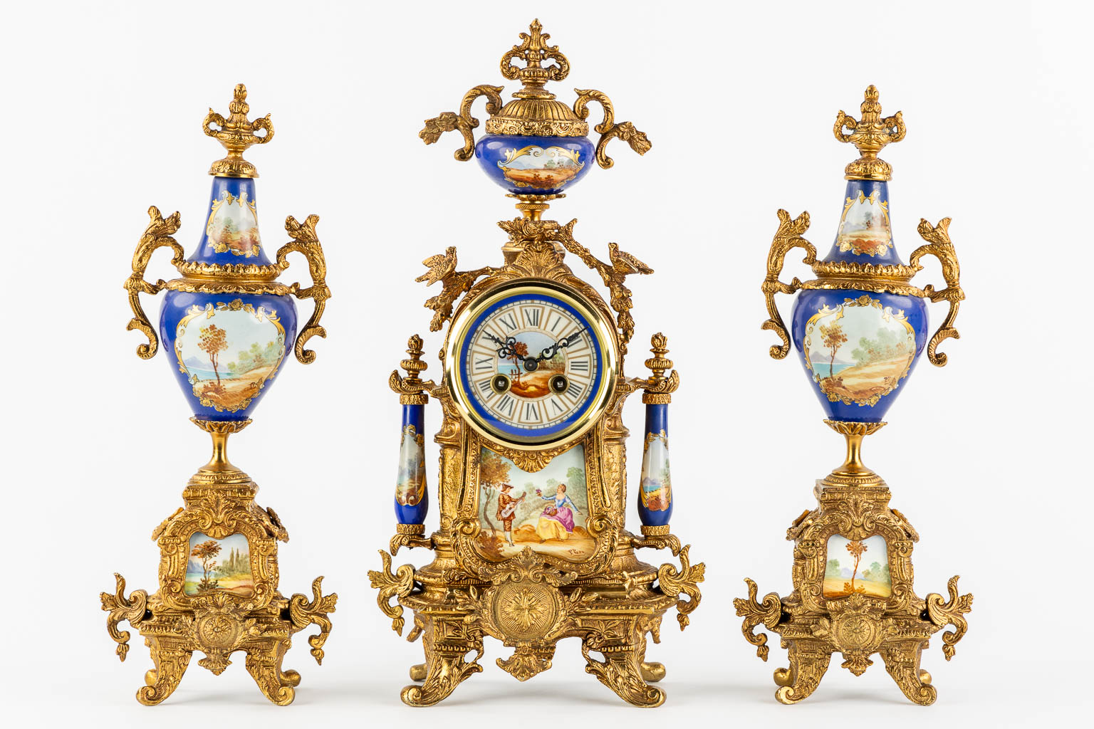 A three-piece mantle garniture clock and side pieces, bronze mounted with porcelain. (L:12 x W:20 x - Image 3 of 18