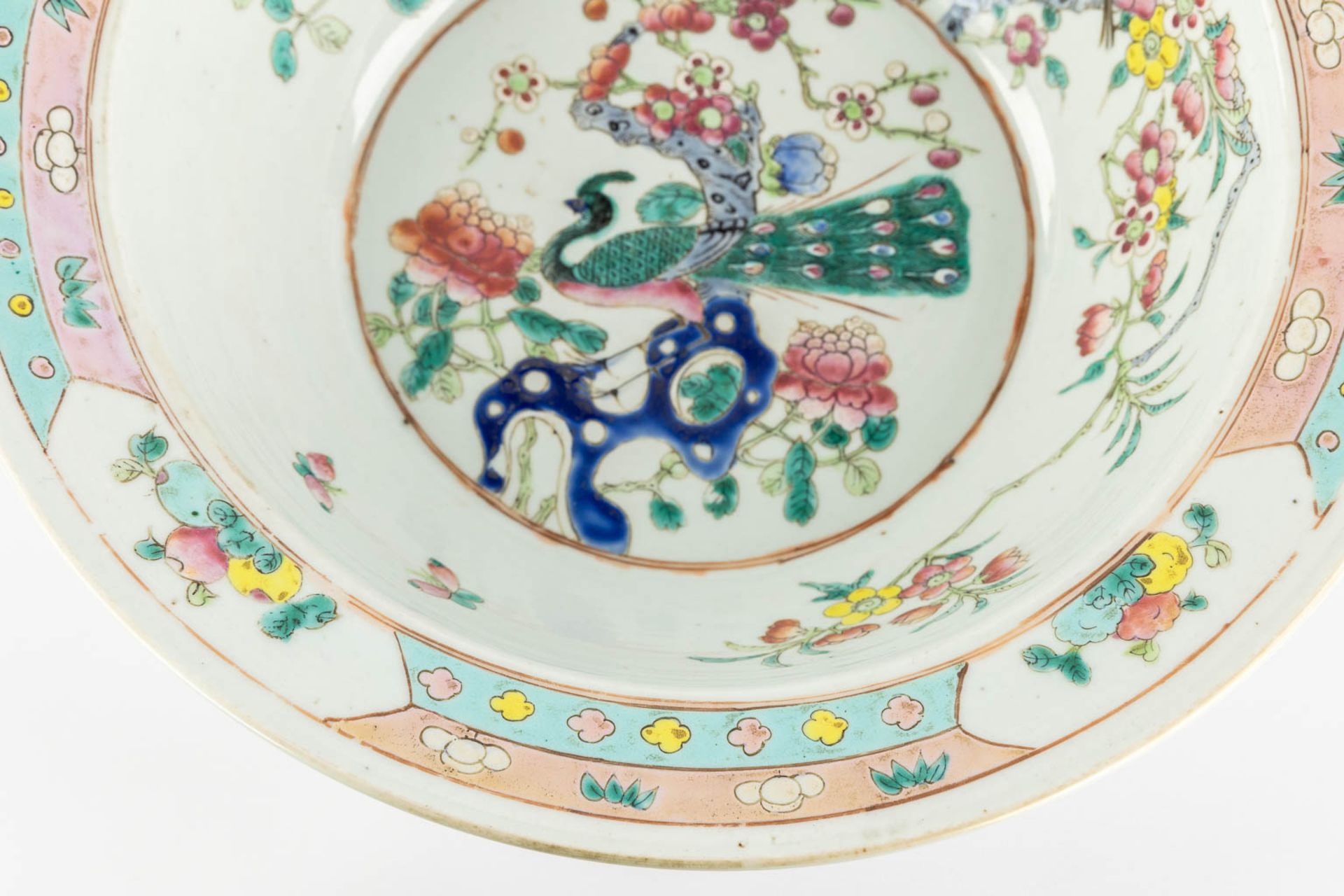 A large Chinese bowl, Famille Rose decorated with a Peacock and blossoms. 19th century. (H:12,5 x D: - Image 5 of 10
