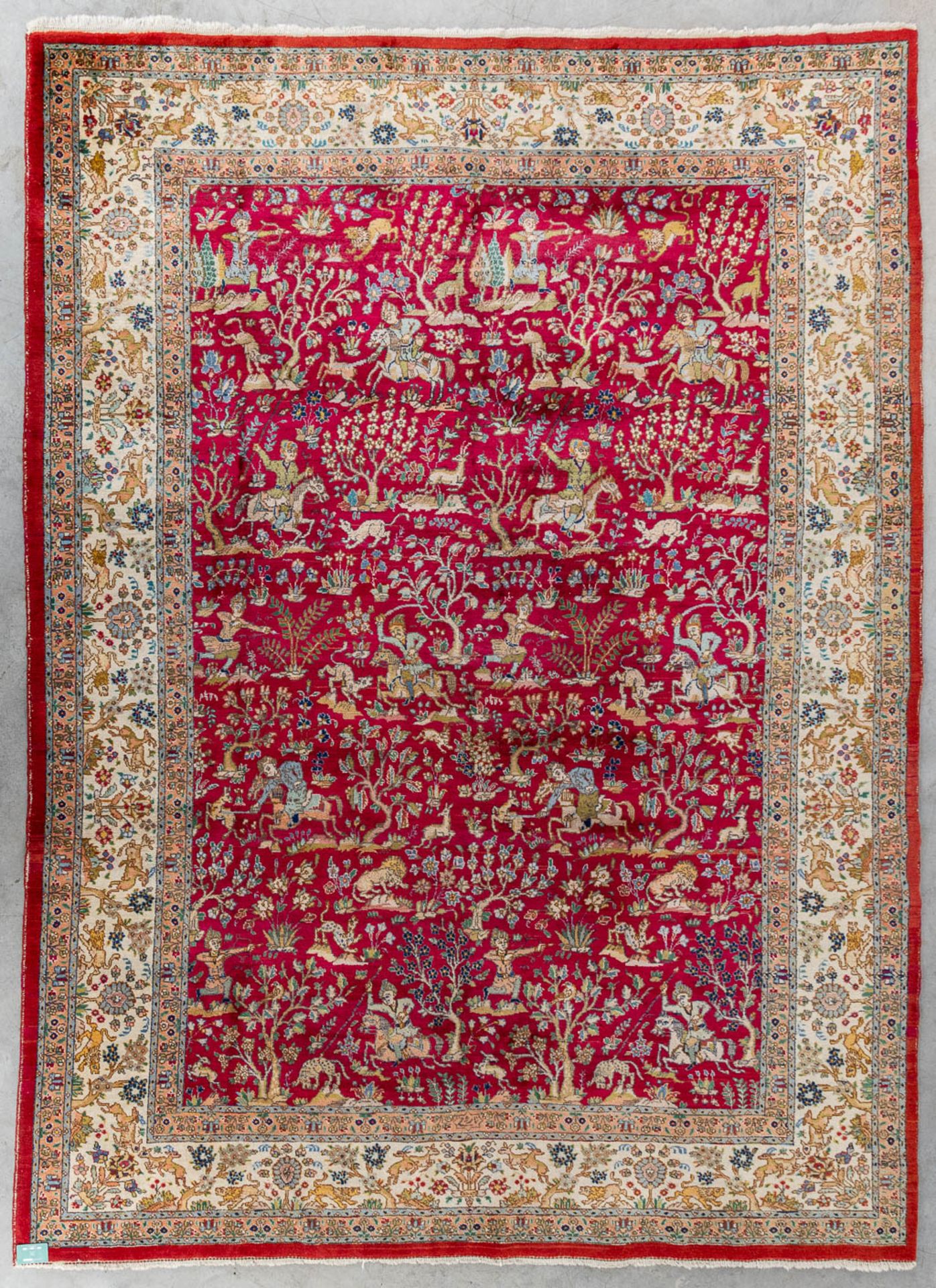 A large Oriental hand made carpet, hunting scènes, Tabriz. (L:329 x W:252 cm) - Image 2 of 16
