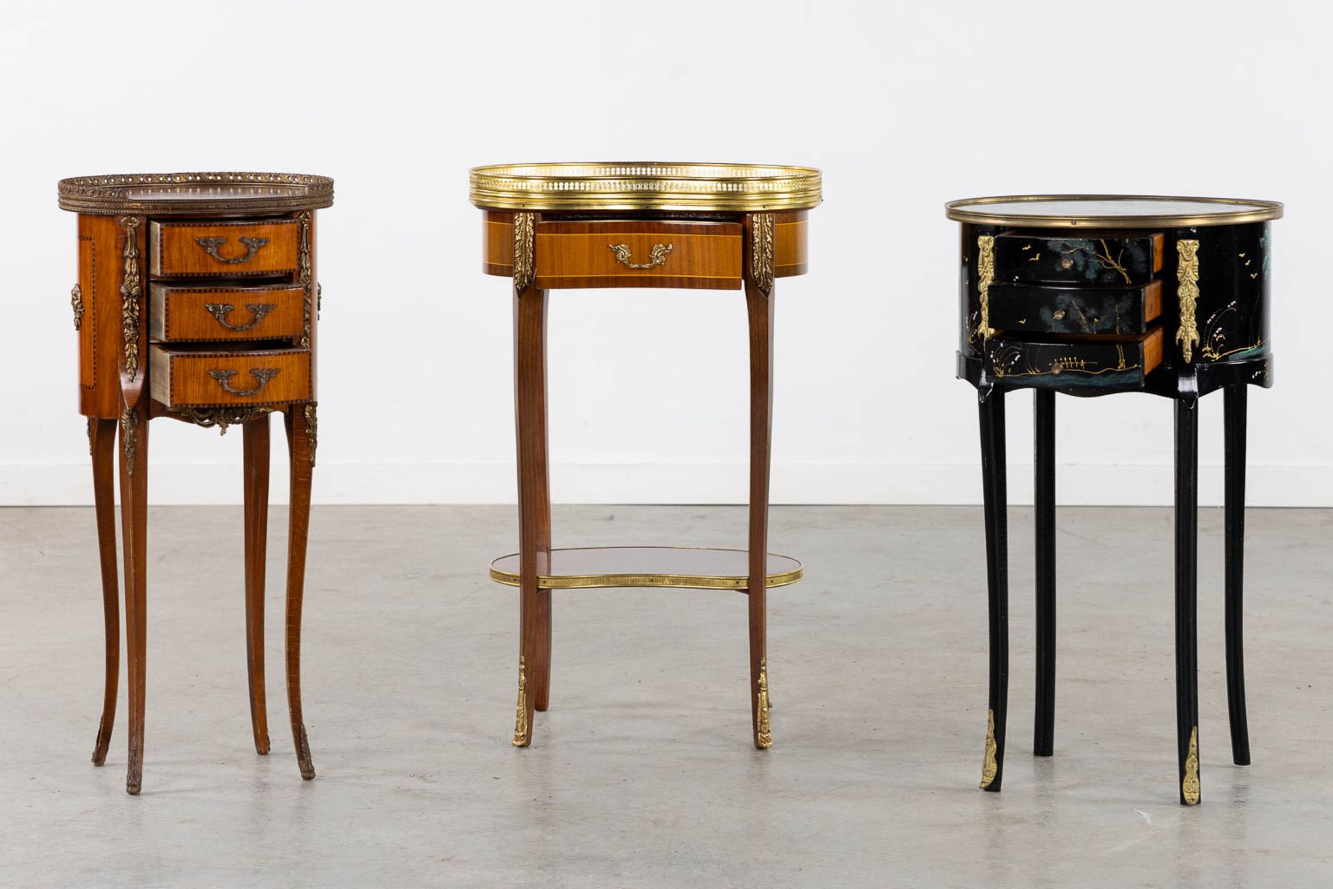 Three small side tables, marquetry and painted decor. 20th C. (L:30 x W:44 x H:71 cm) - Image 3 of 14