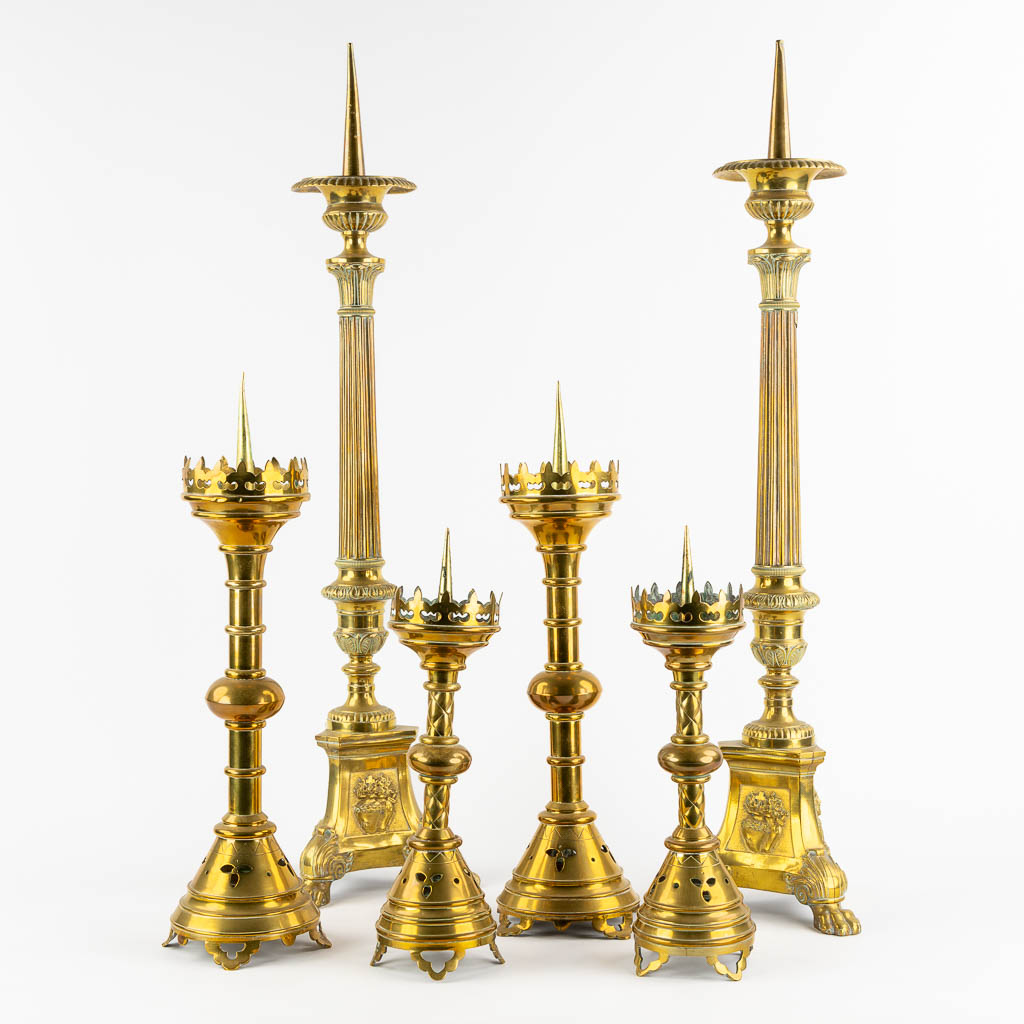 Three pairs of Church candlesticks, brass. Gothic Revival. (H:86 cm)