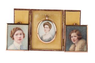 3 overpainted Portraits in Yellow Metal Mounts,