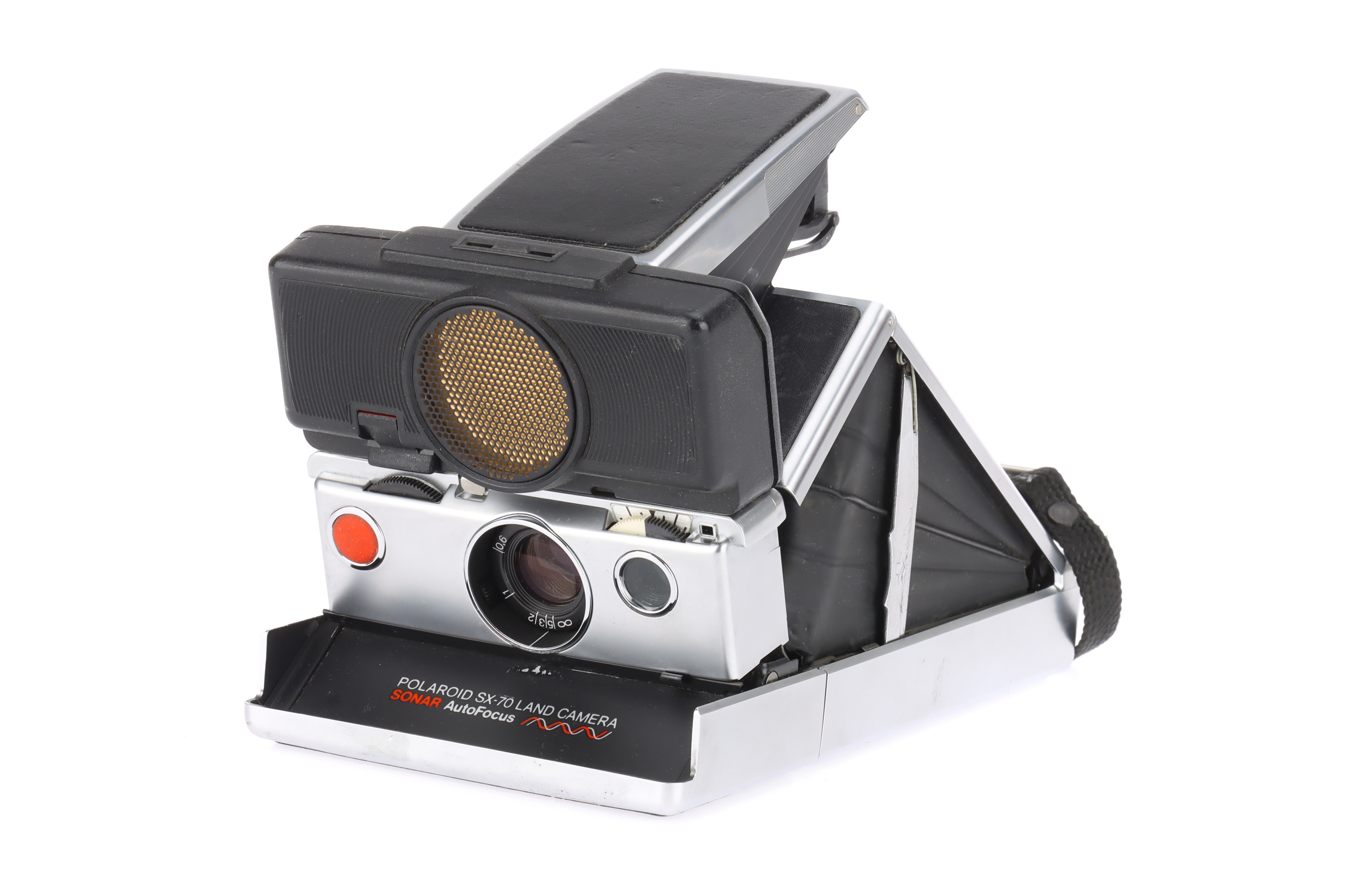 A Polaroid SX-70 Land Sonar Autofocus Instant Folding SLR Camera